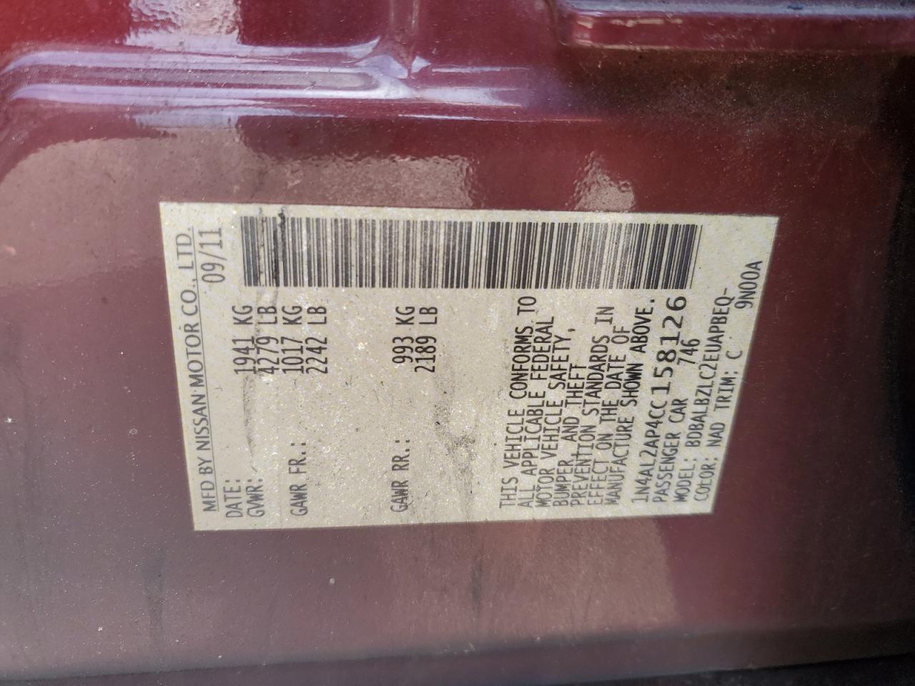 2012 Nissan Altima Base Burgundy vin: 1N4AL2AP4CC158126