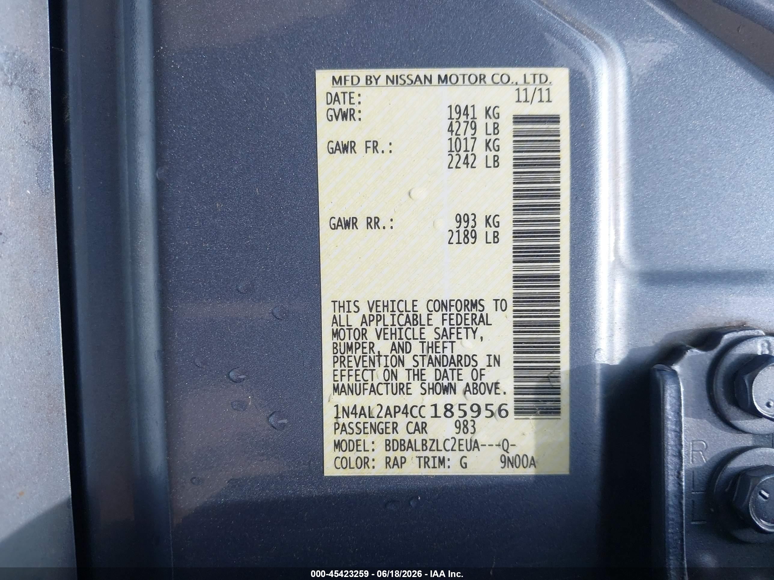 2012 Nissan Altima 2.5 S Light Blue vin: 1N4AL2AP4CC185956