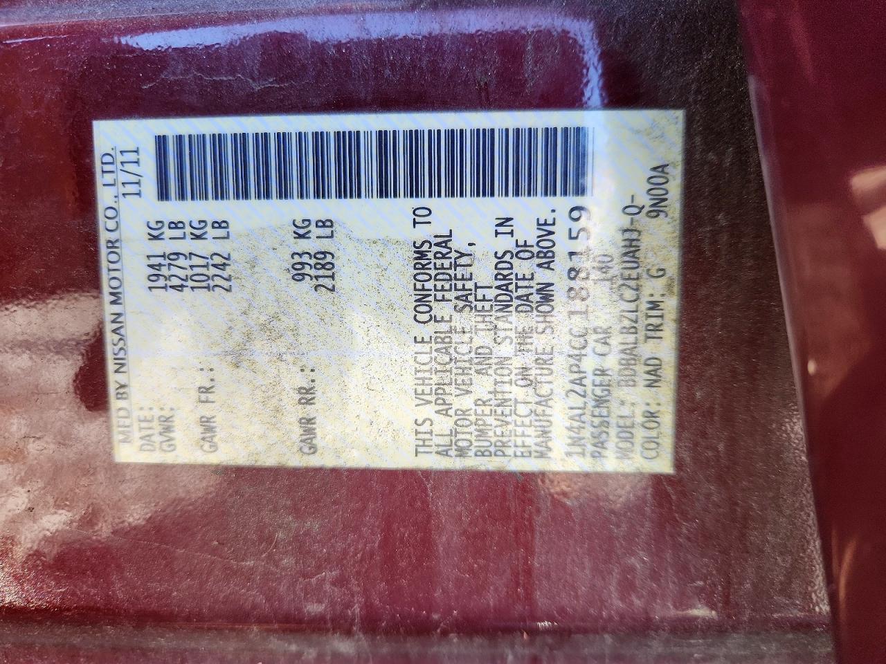 2012 Nissan Altima 2.5 Maroon vin: 1N4AL2AP4CC188159