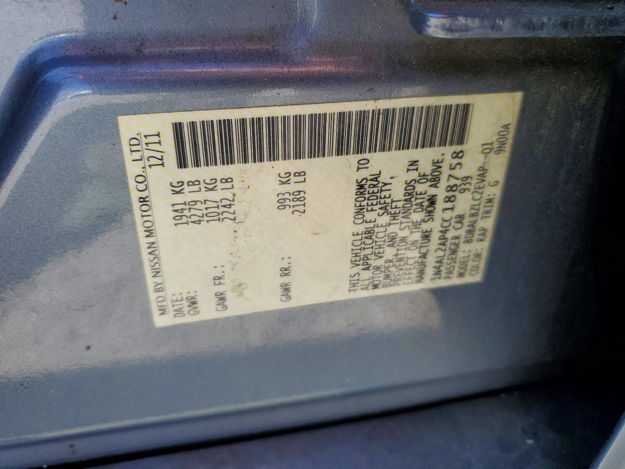 2012 Nissan Altima 2.5 Blue vin: 1N4AL2AP4CC188758