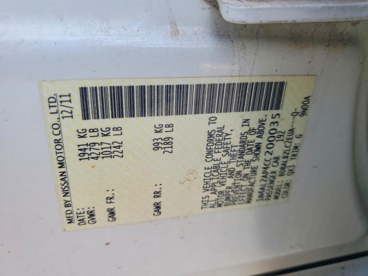 2012 Nissan Altima 2.5 Белый vin: 1N4AL2AP4CC200035