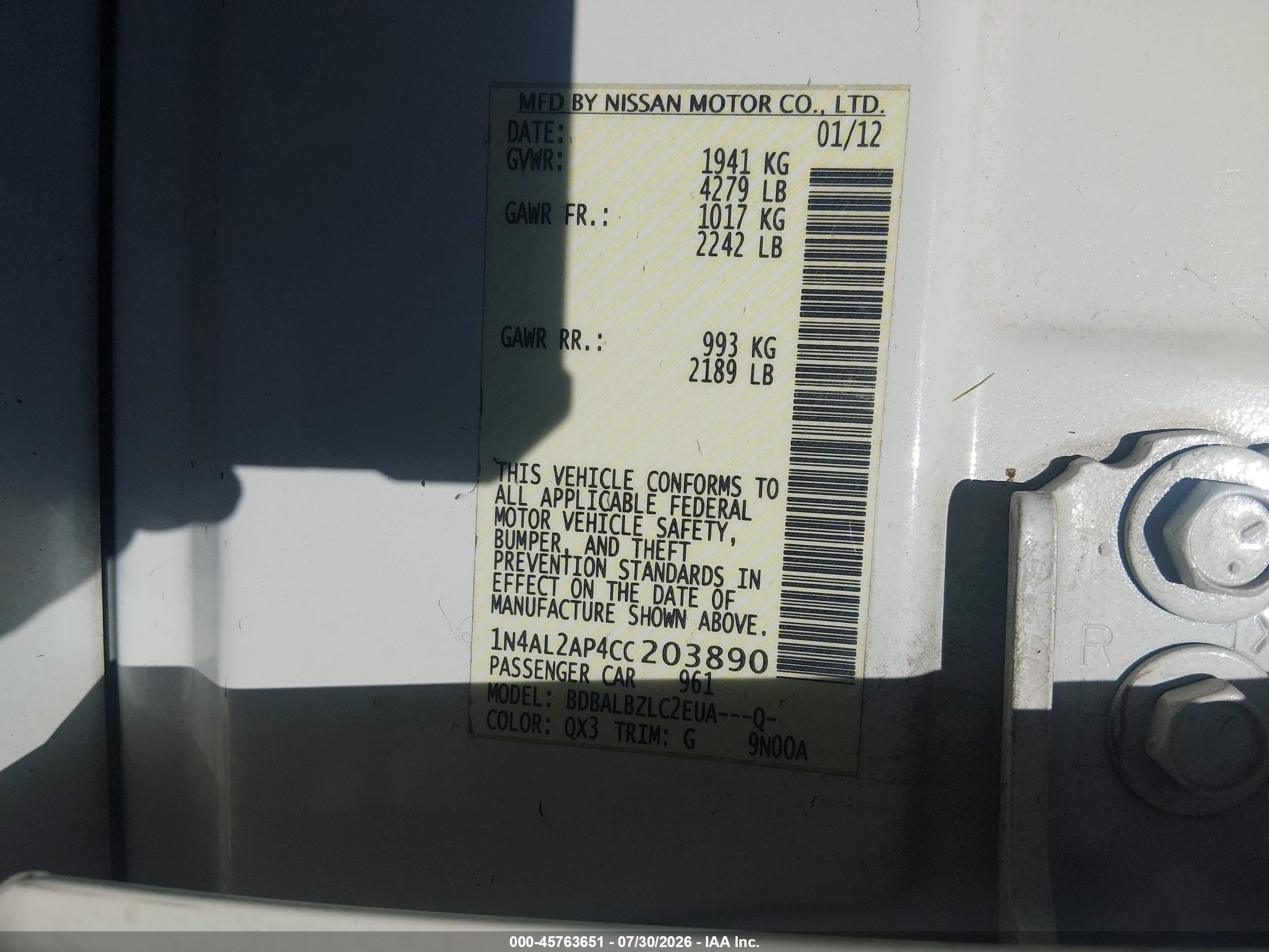 2012 Nissan Altima 2.5 S White vin: 1N4AL2AP4CC203890