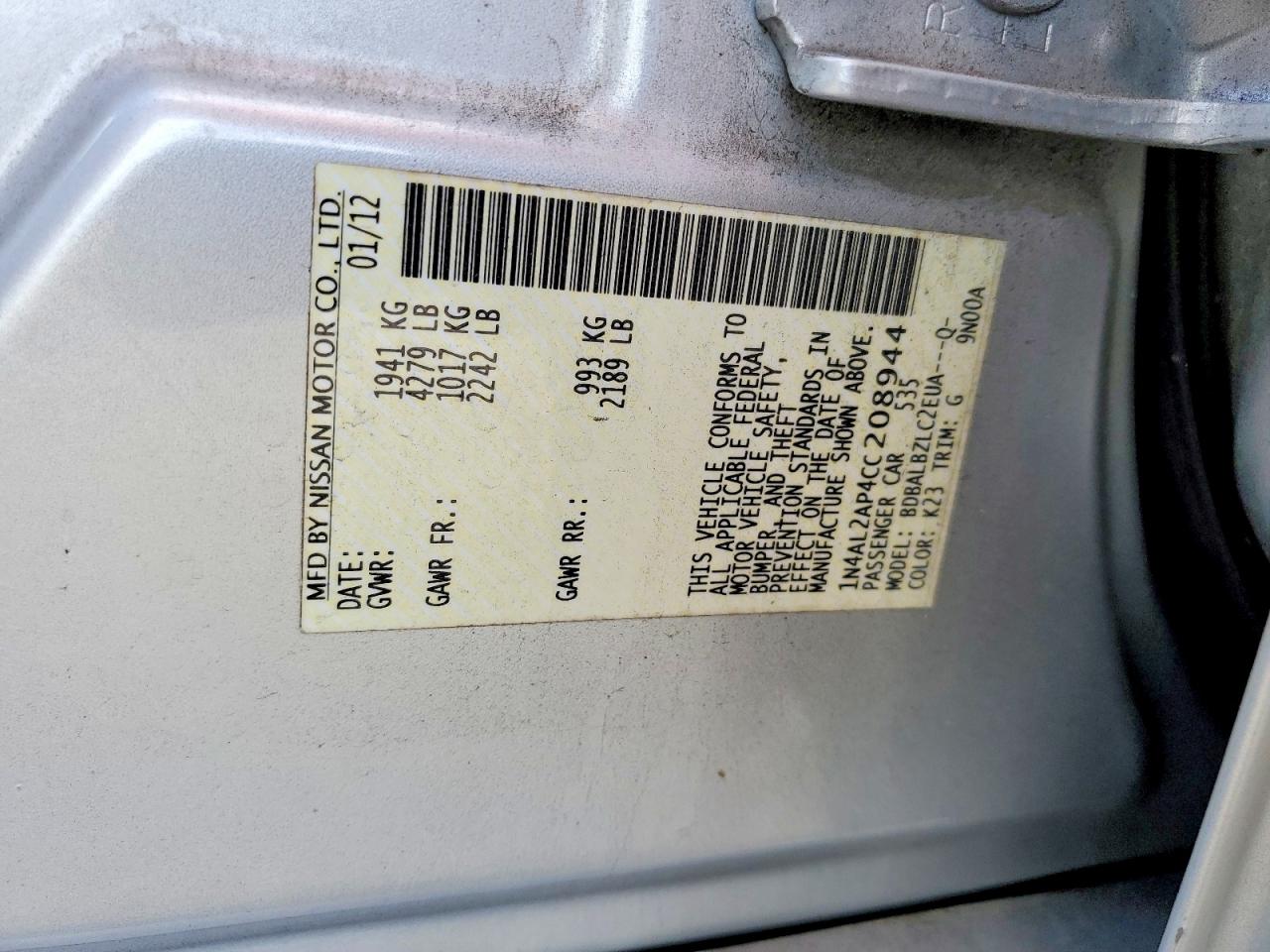 2012 Nissan Altima 2.5 Silver vin: 1N4AL2AP4CC208944