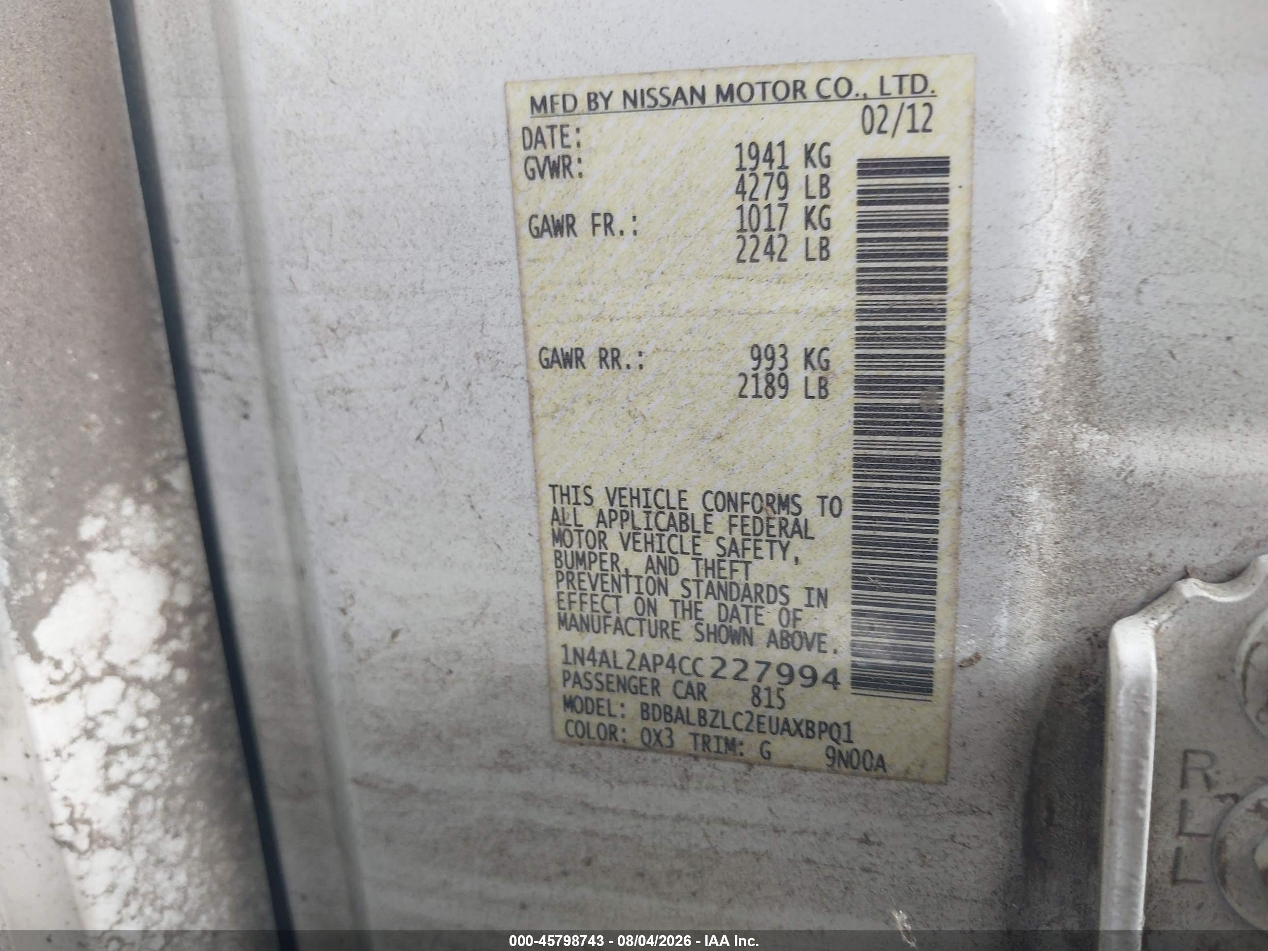 2012 Nissan Altima 2.5 S White vin: 1N4AL2AP4CC227994
