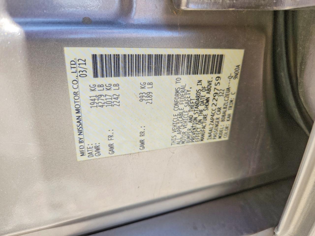 2012 Nissan Altima 2.5 Gold vin: 1N4AL2AP4CC229759