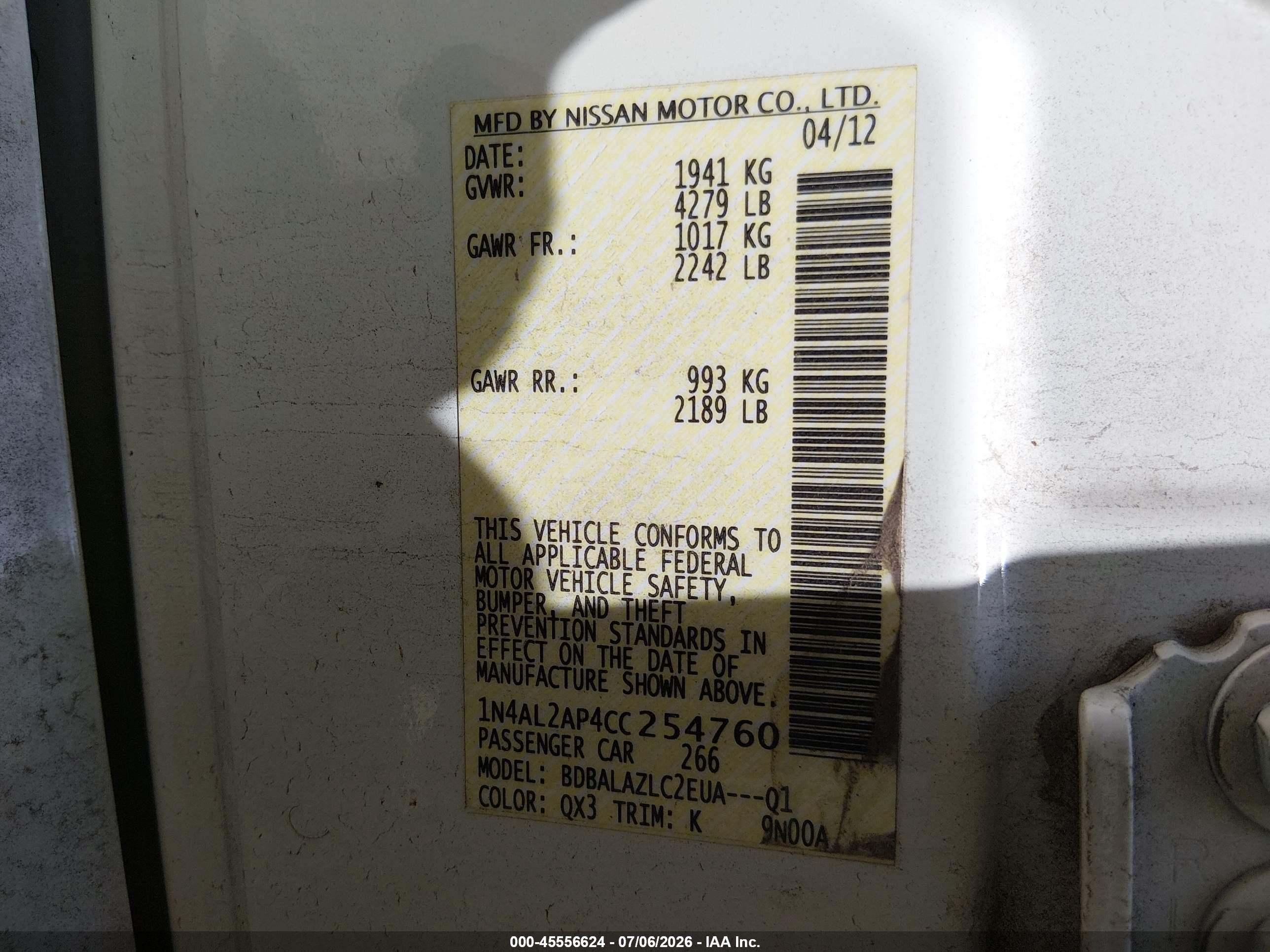 2012 Nissan Altima 2.5 Белый vin: 1N4AL2AP4CC254760