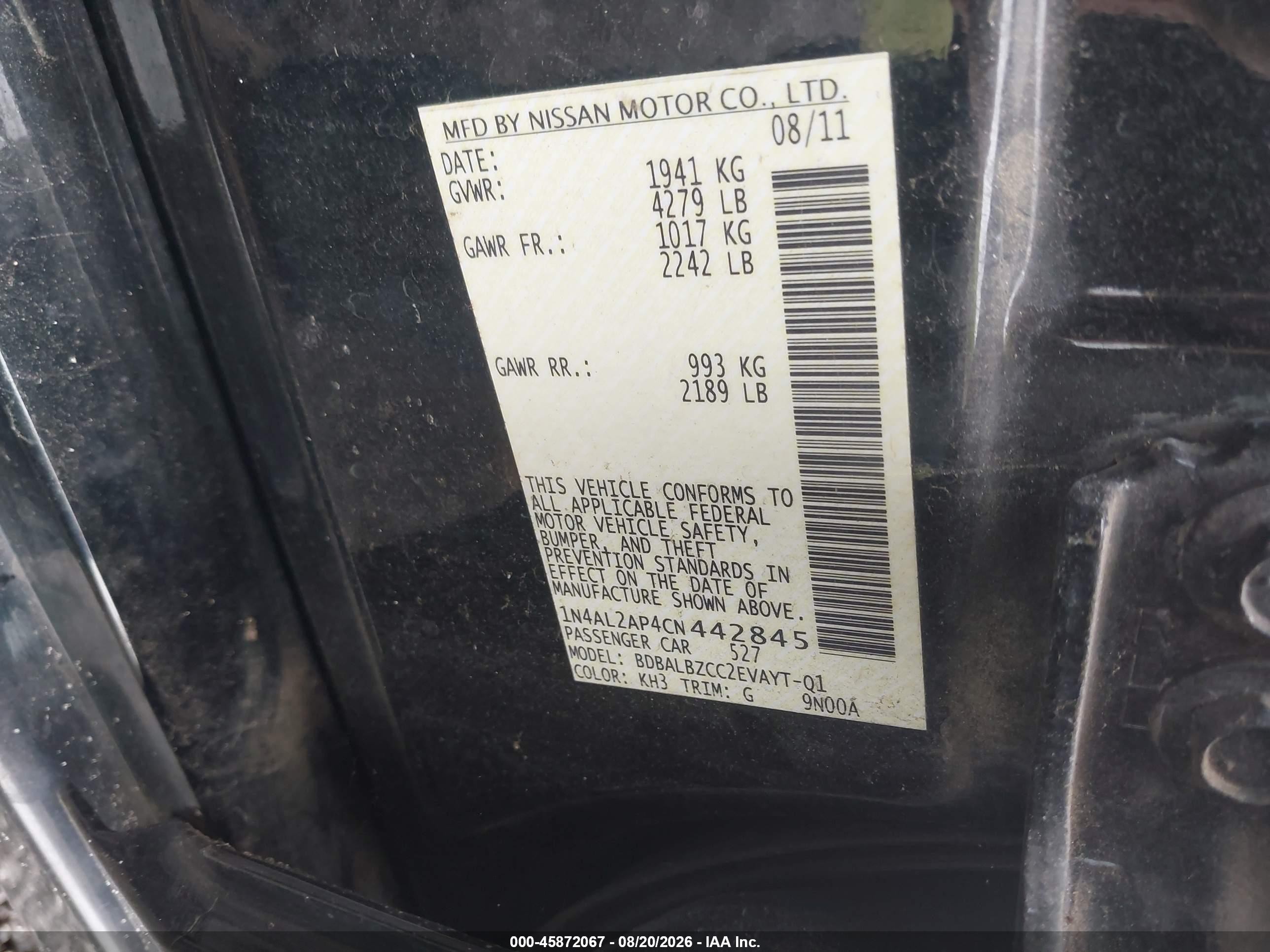 2012 Nissan Altima 2.5 S Black vin: 1N4AL2AP4CN442845
