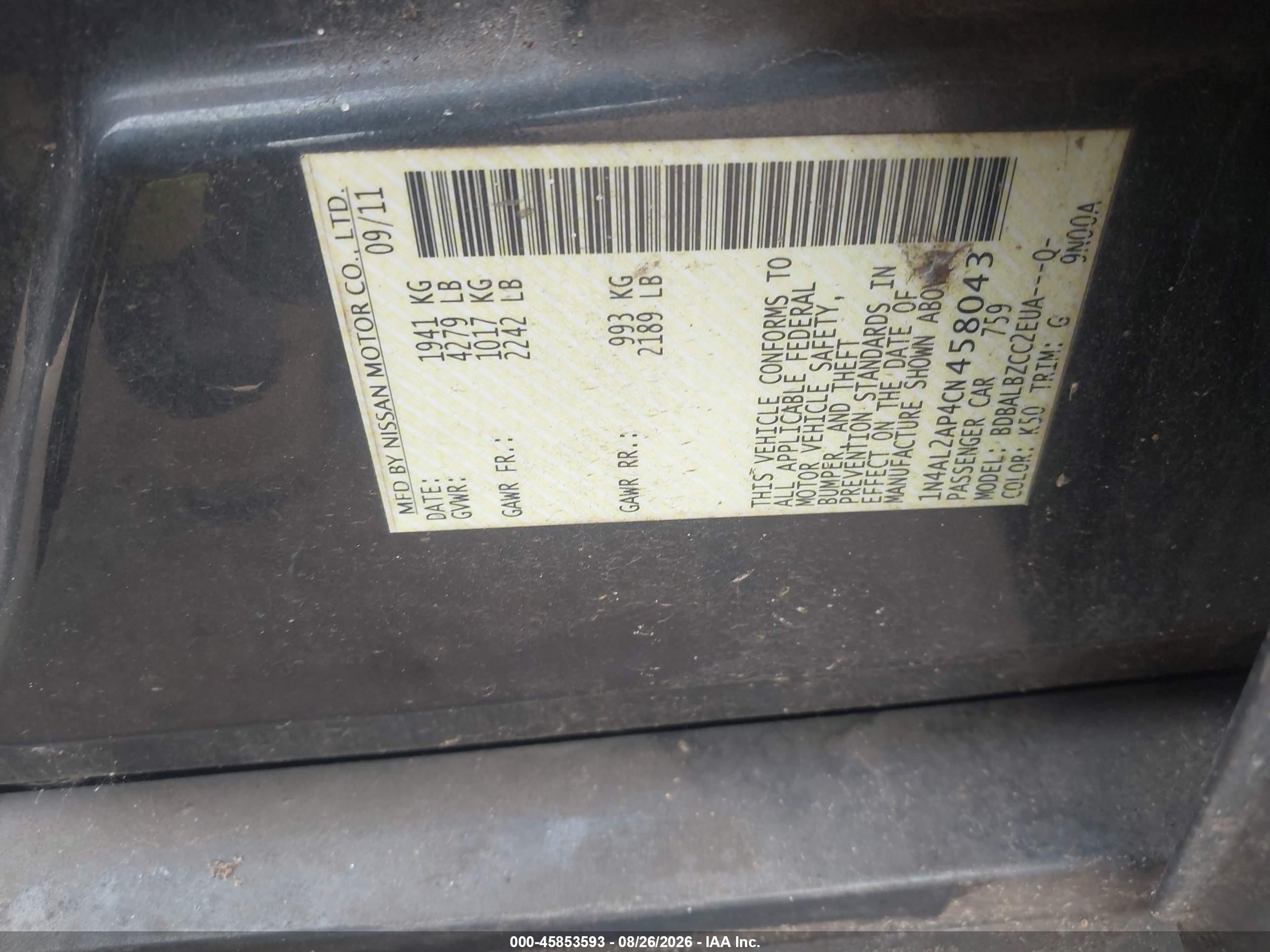2012 Nissan Altima 2.5 S Black vin: 1N4AL2AP4CN458043