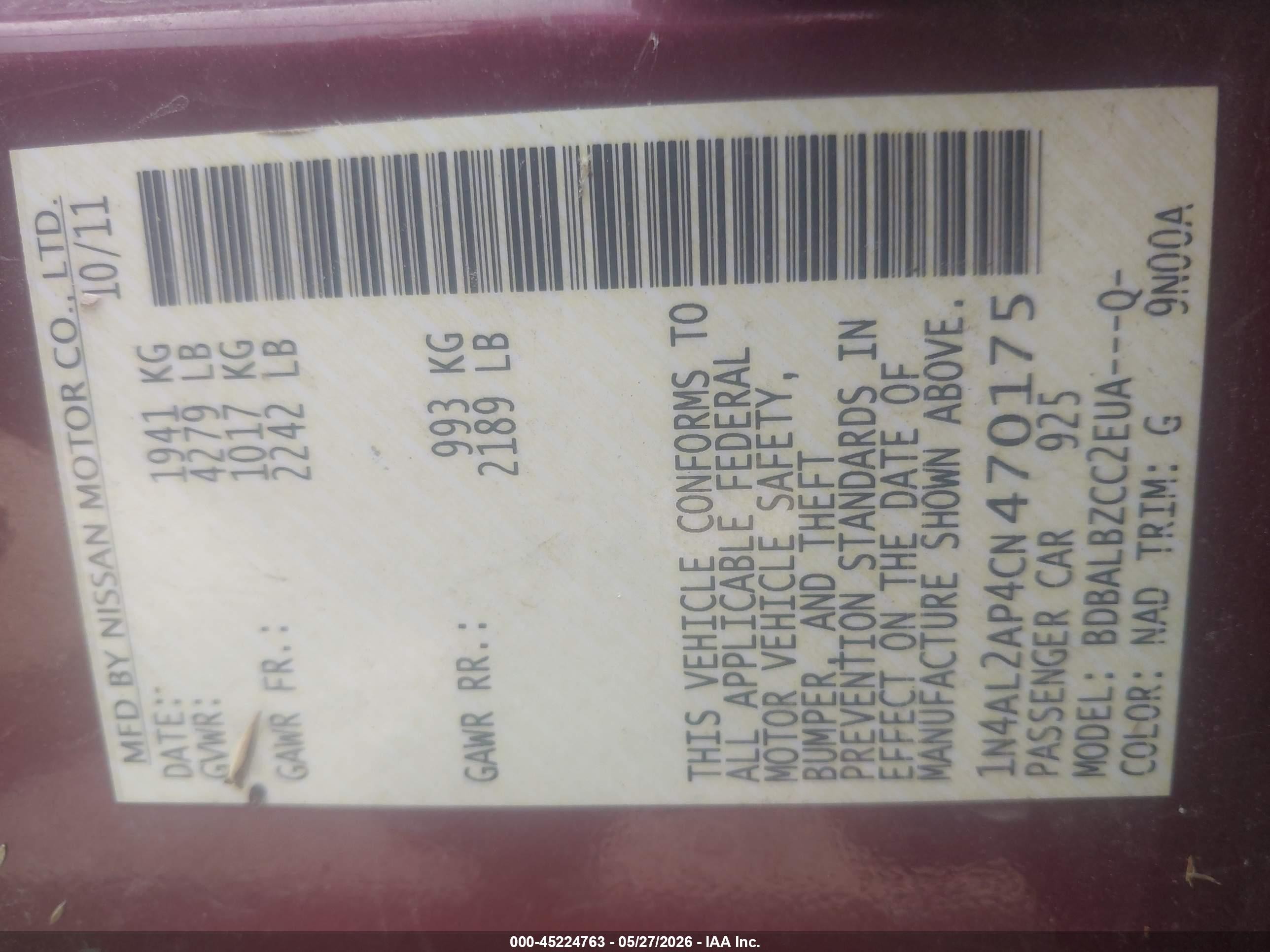 2012 Nissan Altima 2.5 S Burgundy vin: 1N4AL2AP4CN470175