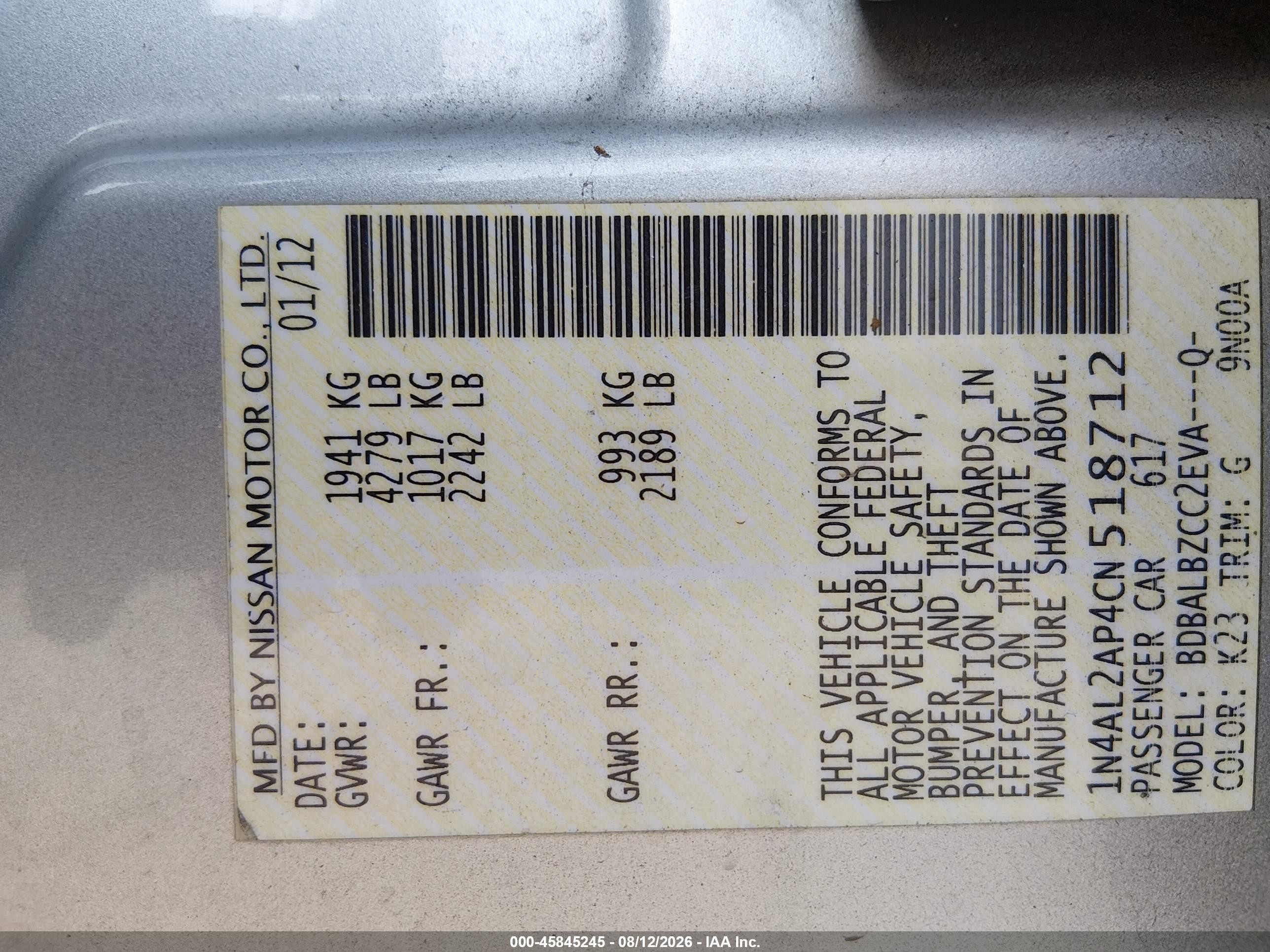 2012 Nissan Altima 2.5 S Silver vin: 1N4AL2AP4CN518712