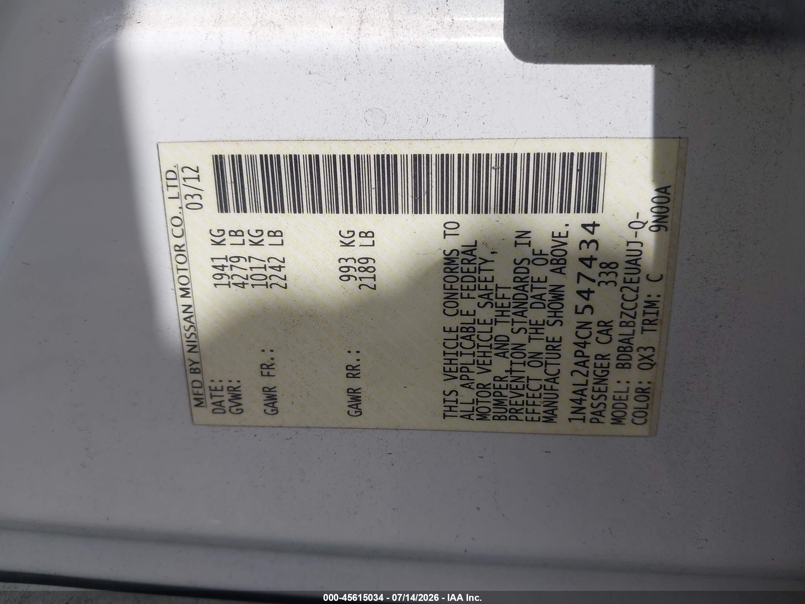 2012 Nissan Altima 2.5 S White vin: 1N4AL2AP4CN547434