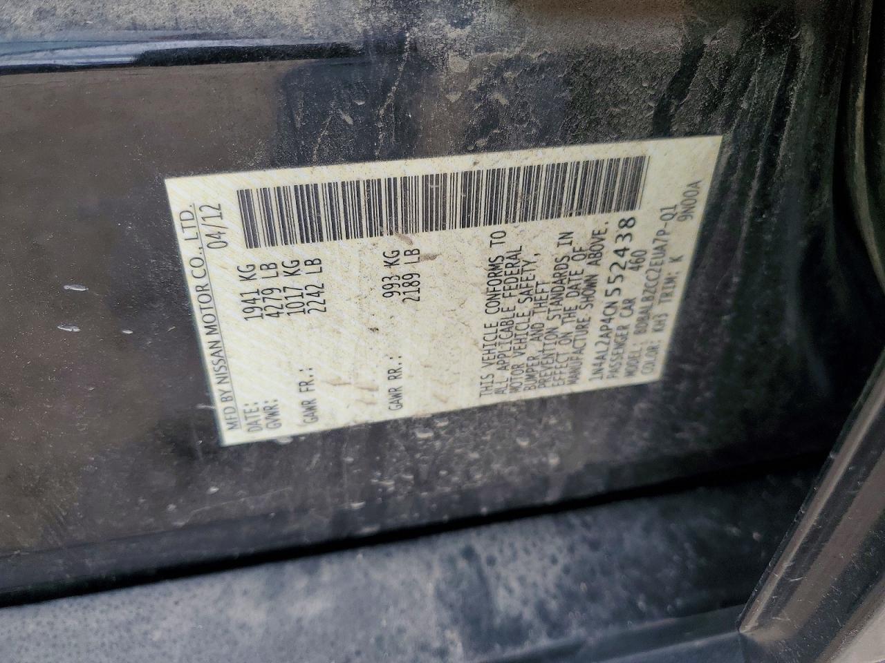 2012 Nissan Altima 2.5 Black vin: 1N4AL2AP4CN552438