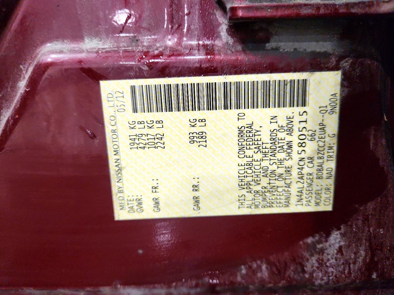 2012 Nissan Altima 2.5 Red vin: 1N4AL2AP4CN580515