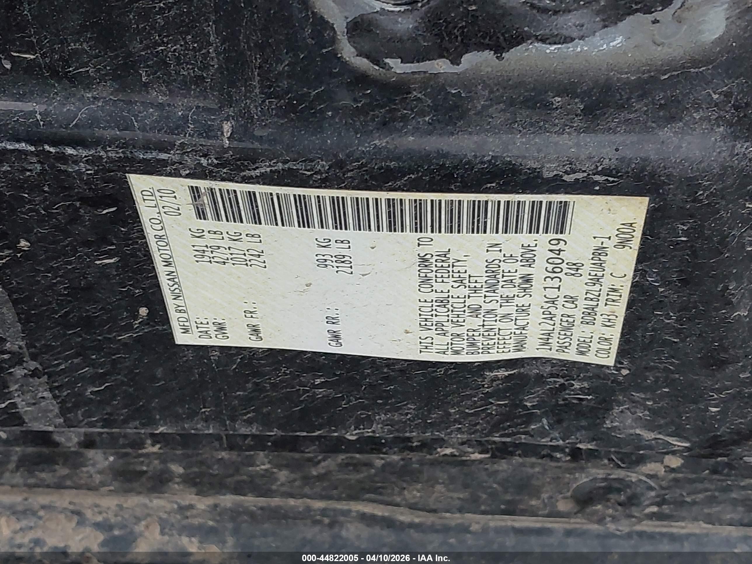 2010 Nissan Altima 2.5 S Black vin: 1N4AL2AP5AC136049