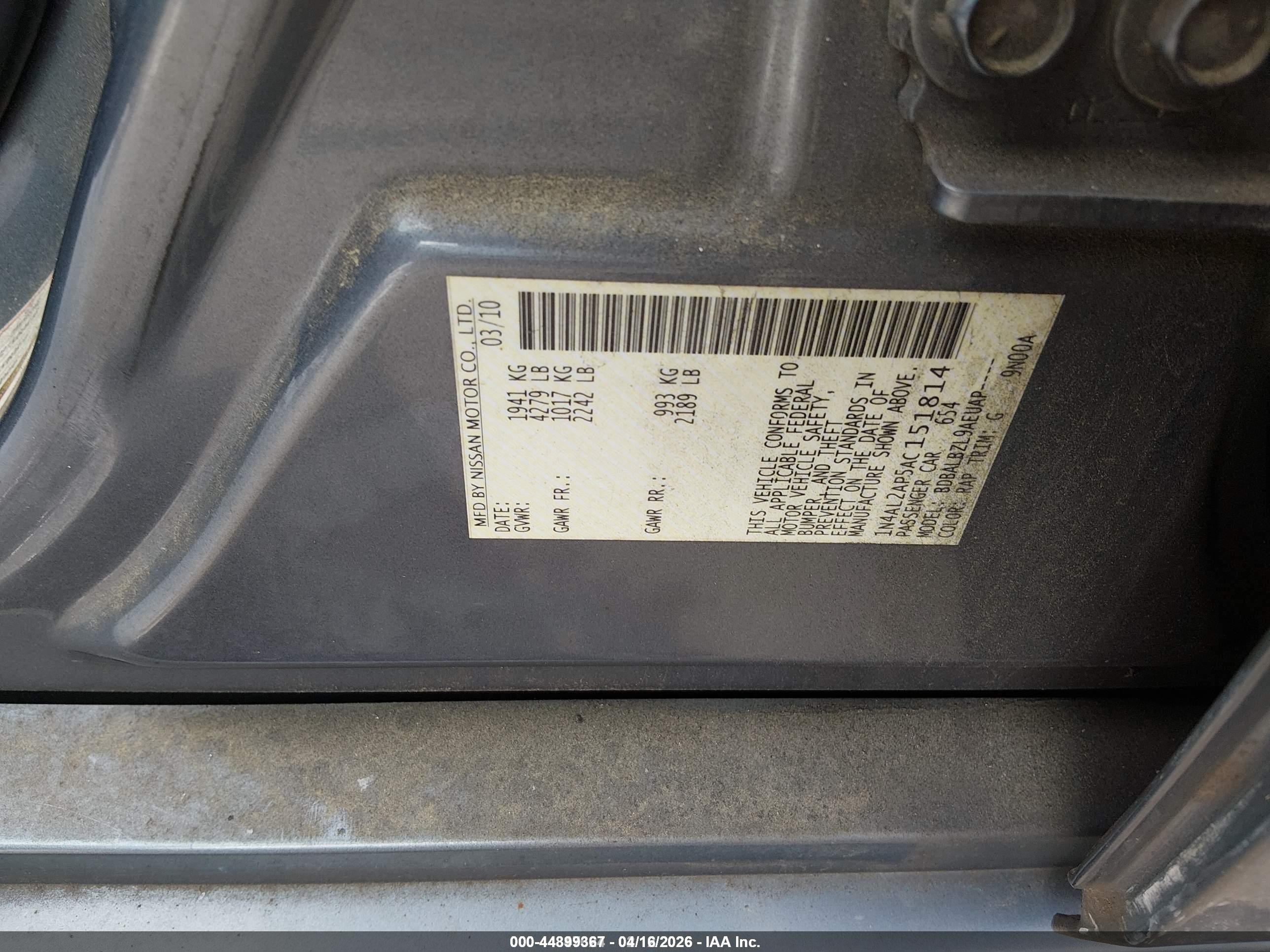 2010 Nissan Altima 2.5 S Light Blue vin: 1N4AL2AP5AC151814