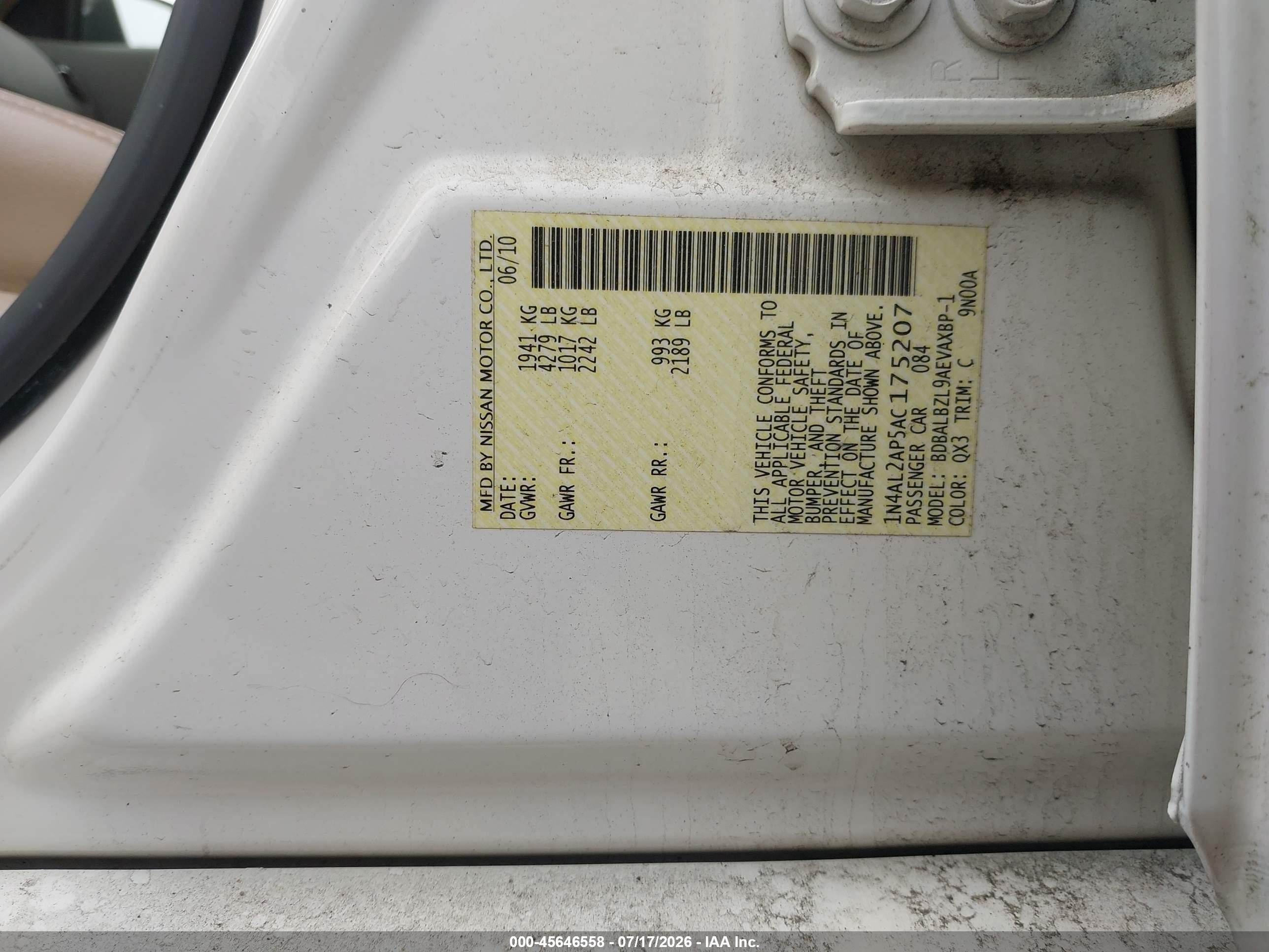2010 Nissan Altima 2.5 S White vin: 1N4AL2AP5AC175207