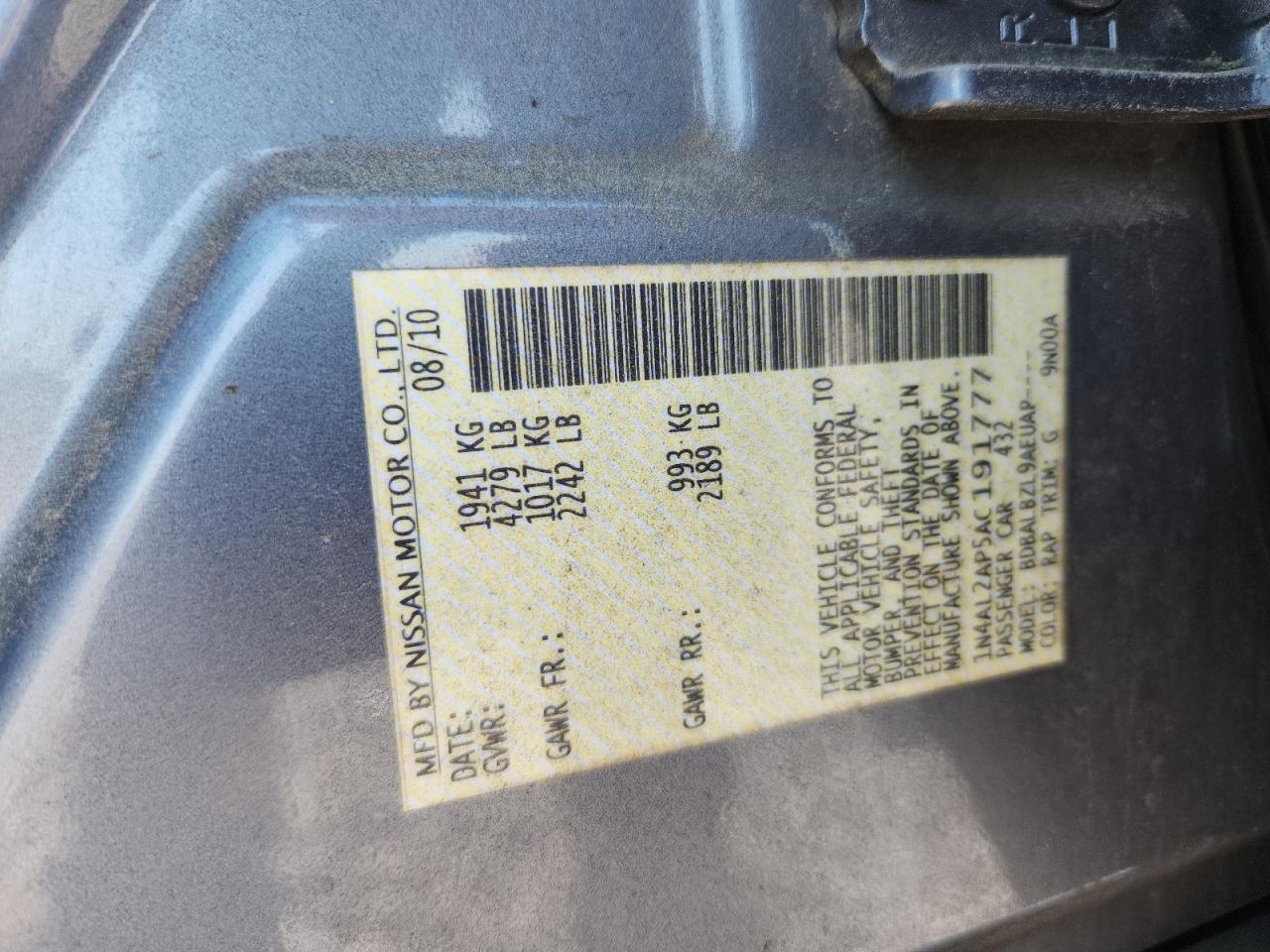 2010 Nissan Altima 2.5 Blue vin: 1N4AL2AP5AC191777