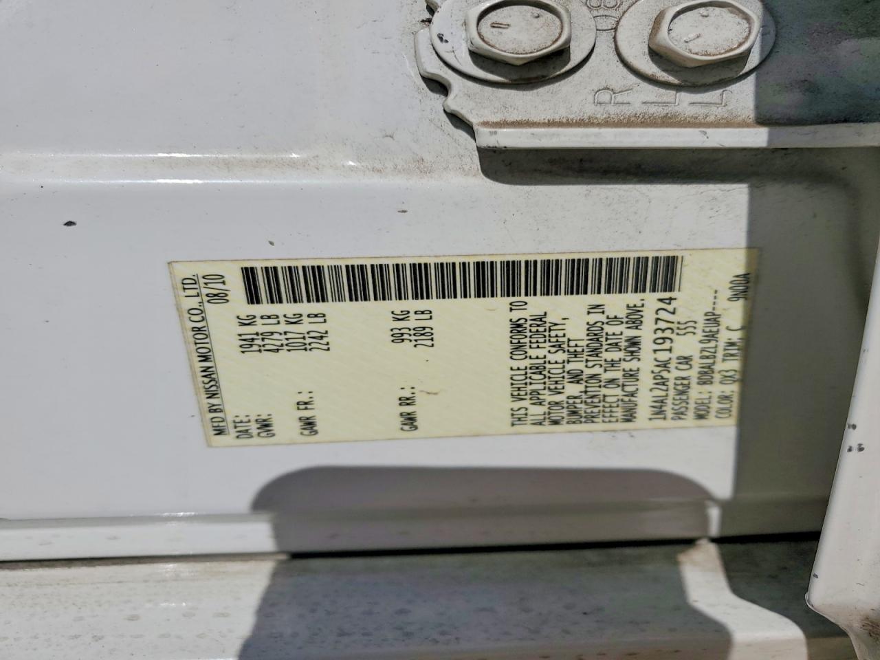 2010 Nissan Altima 2.5 White vin: 1N4AL2AP5AC193724