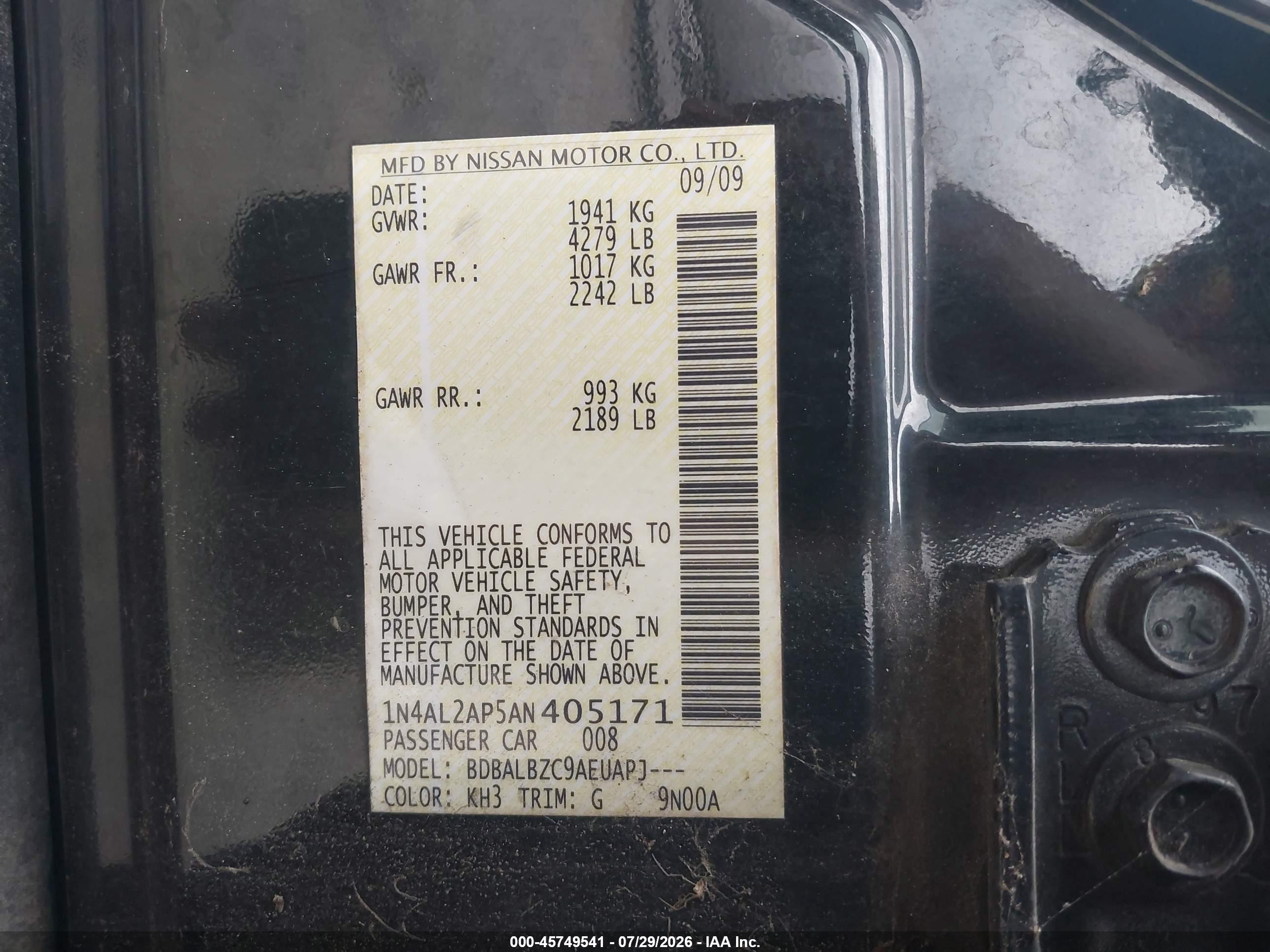 2010 Nissan Altima 2.5 S Black vin: 1N4AL2AP5AN405171