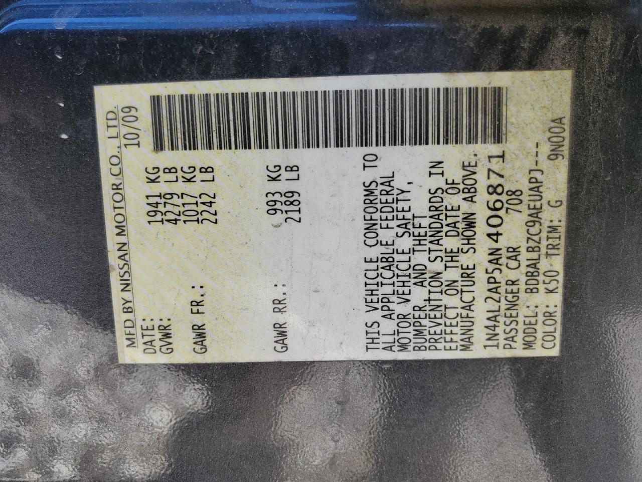 2010 Nissan Altima Base Gray vin: 1N4AL2AP5AN406871
