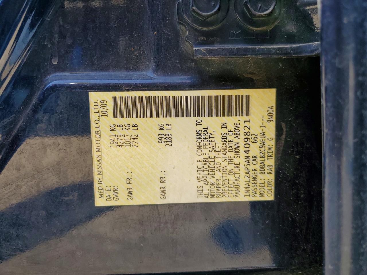 2010 Nissan Altima 4d 2wd Blue vin: 1N4AL2AP5AN409821