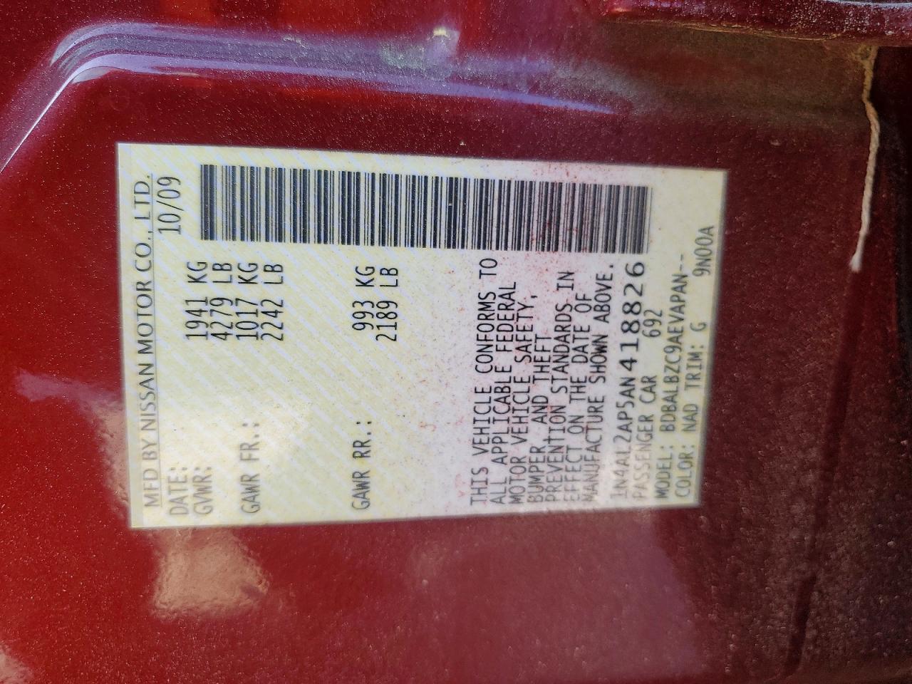 2010 Nissan Altima 2.5 Burgundy vin: 1N4AL2AP5AN418826