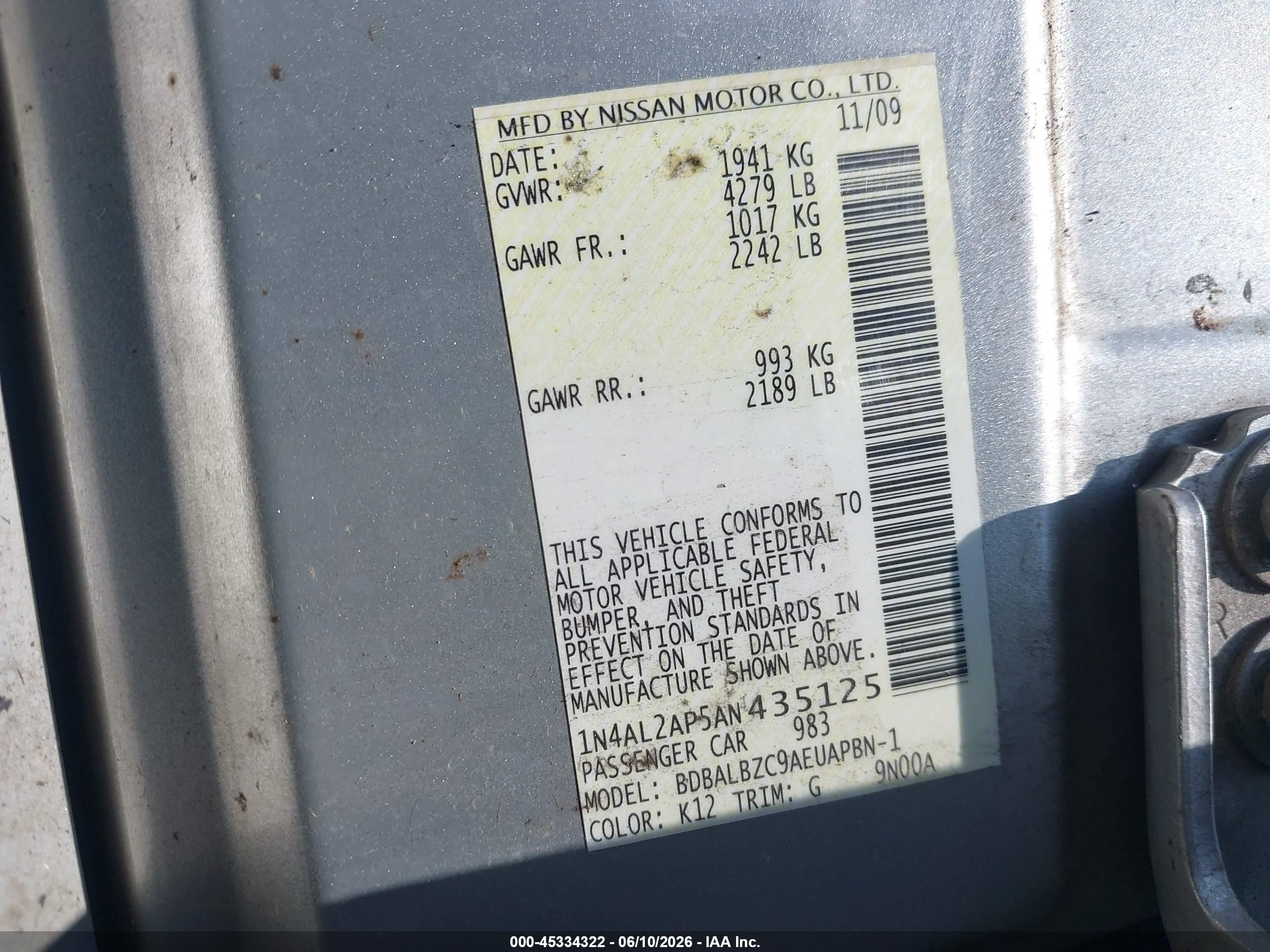 2010 Nissan Altima 2.5 S Silver vin: 1N4AL2AP5AN435125