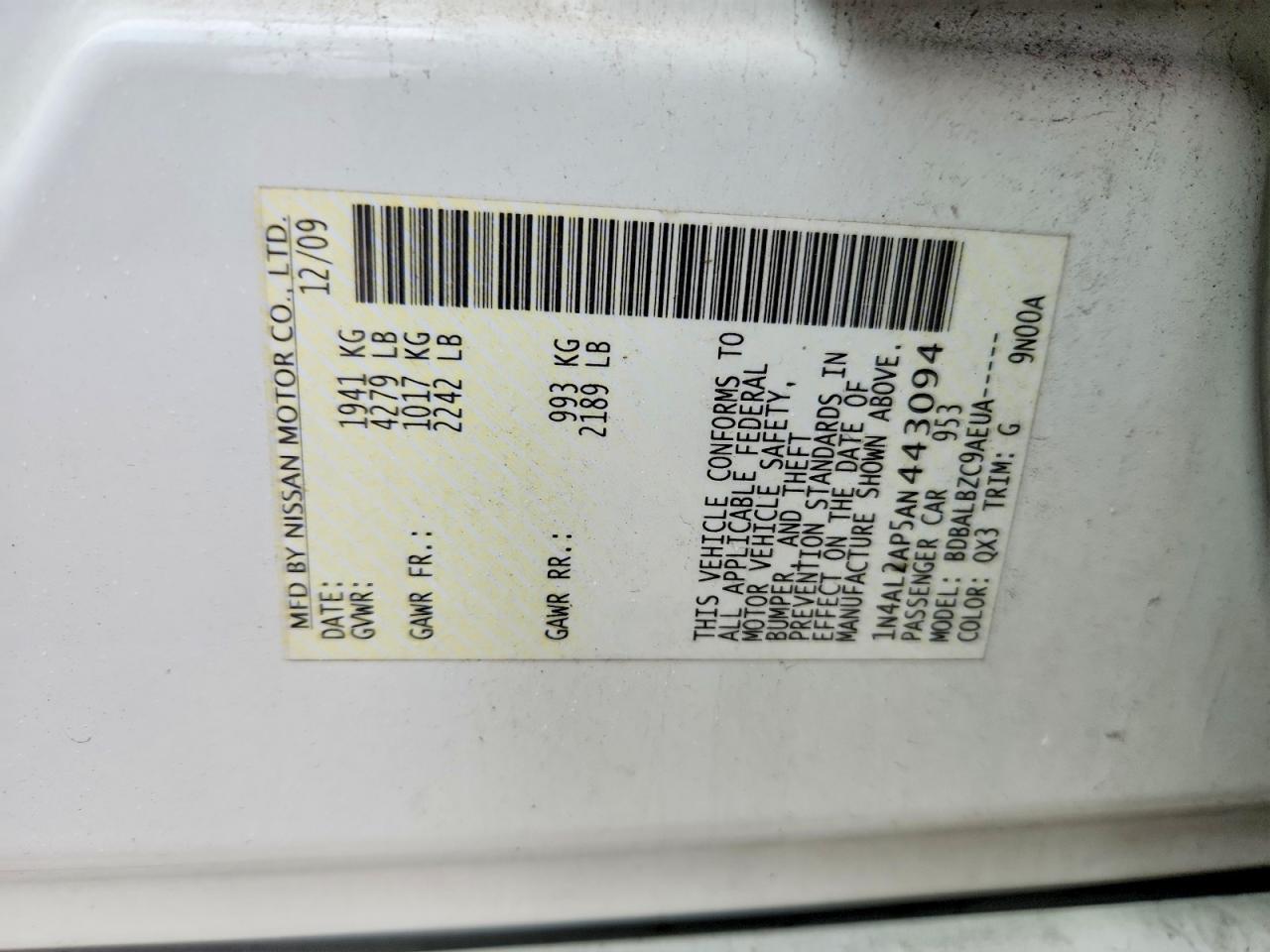 2010 Nissan Altima 2.5 White vin: 1N4AL2AP5AN443094