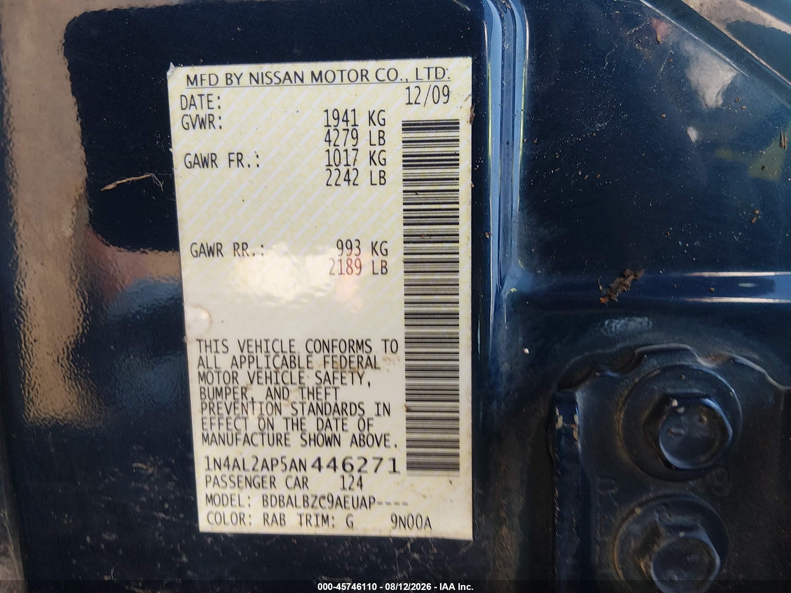 2010 Nissan Altima 2.5 S Blue vin: 1N4AL2AP5AN446271