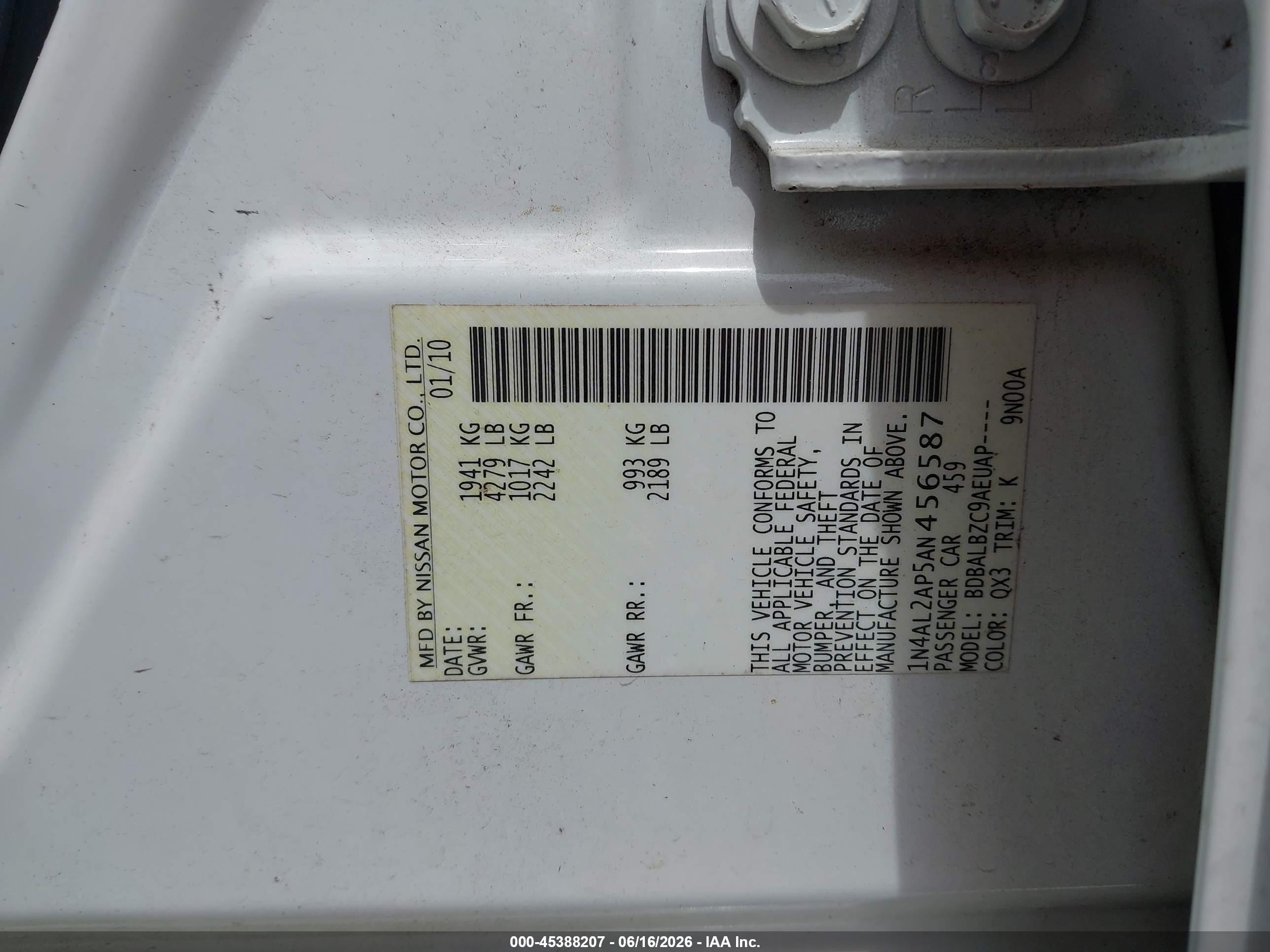 2010 Nissan Altima 2.5 S Белый vin: 1N4AL2AP5AN456587