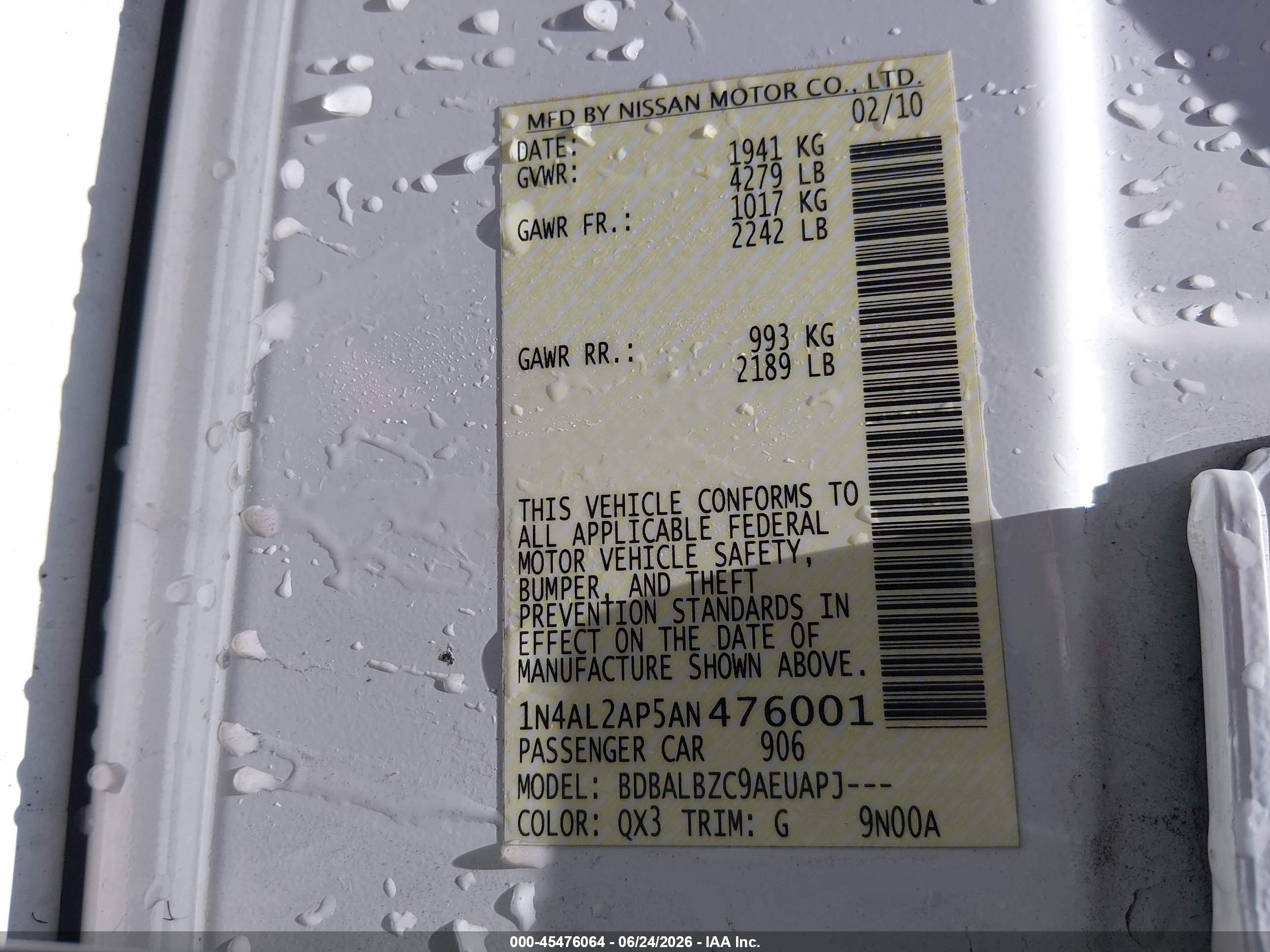 2010 Nissan Altima 2.5 S Белый vin: 1N4AL2AP5AN476001