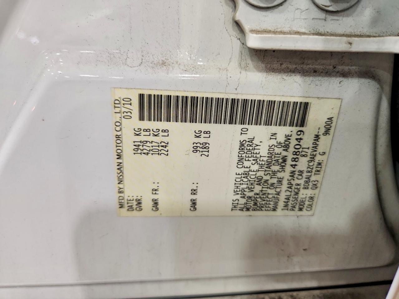 2010 Nissan Altima 2.5 Белый vin: 1N4AL2AP5AN488049