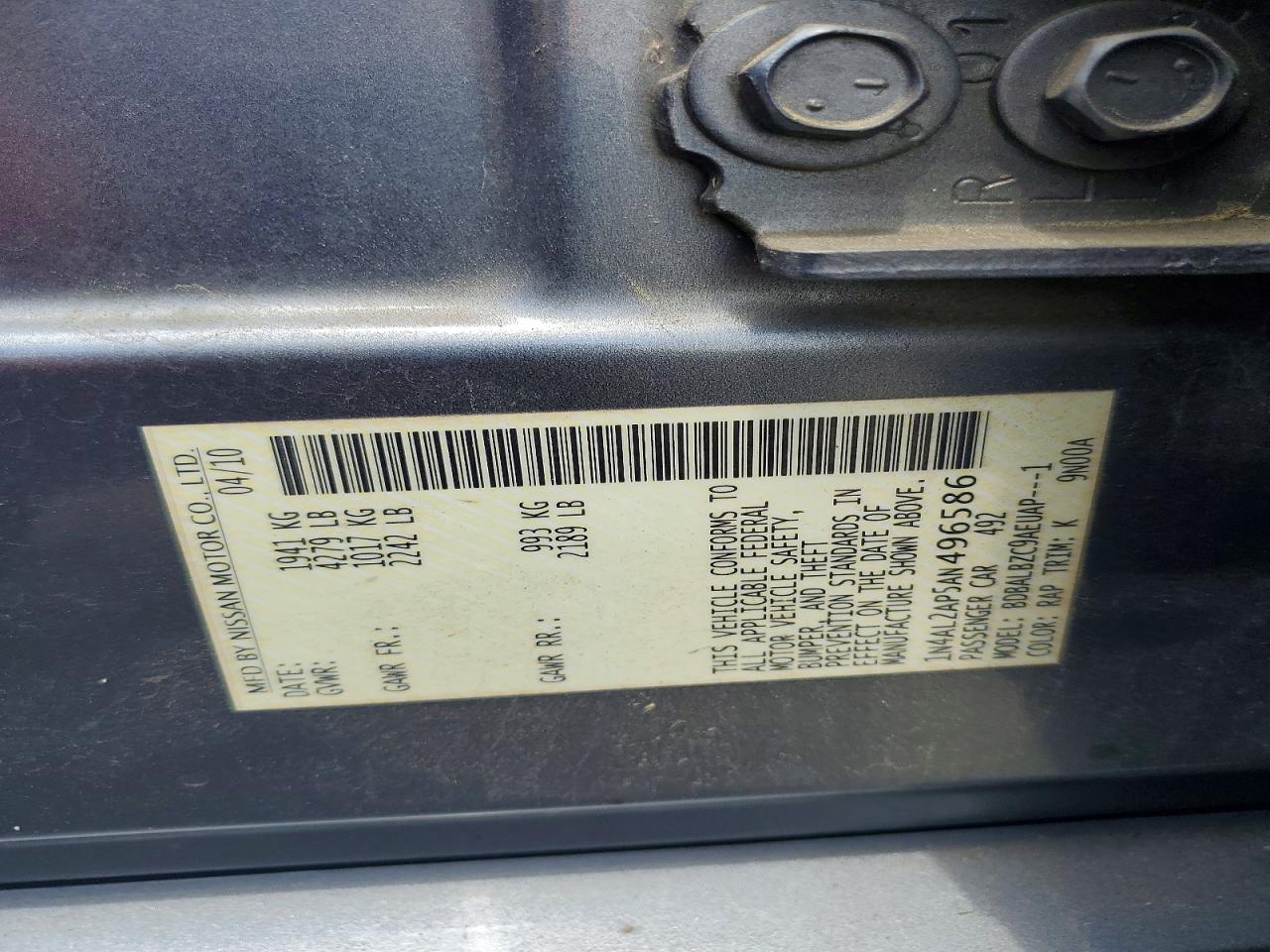 2010 Nissan Altima 2.5 Gray vin: 1N4AL2AP5AN496586