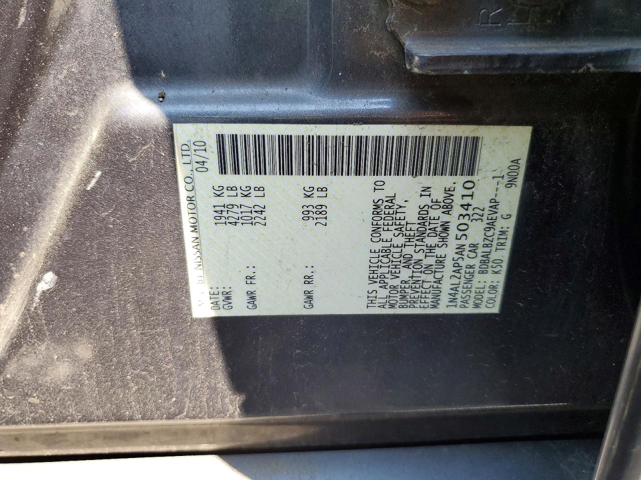 2010 Nissan Altima 2.5 Серый vin: 1N4AL2AP5AN503410