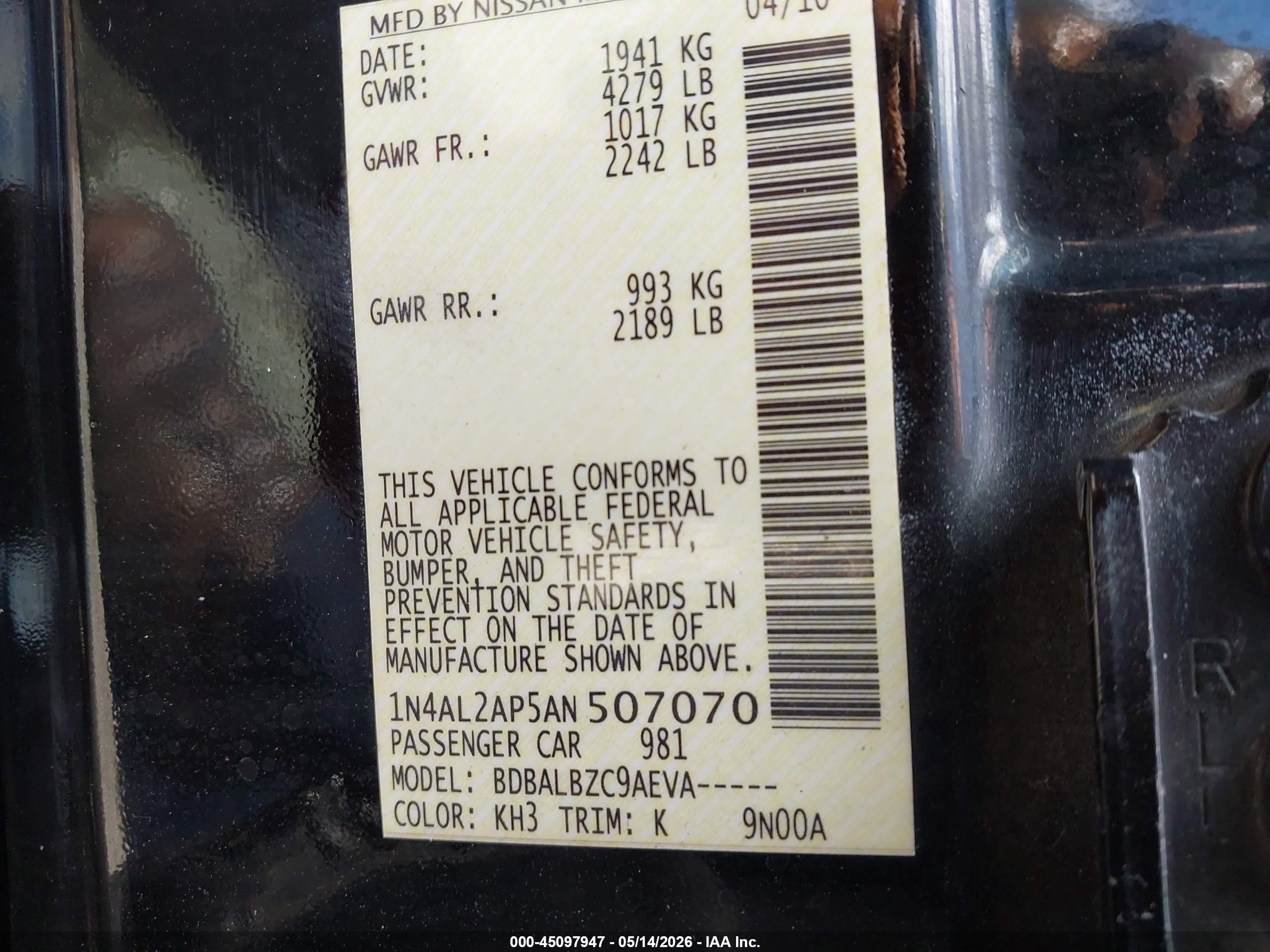 2010 Nissan Altima 2.5 S Черный vin: 1N4AL2AP5AN507070