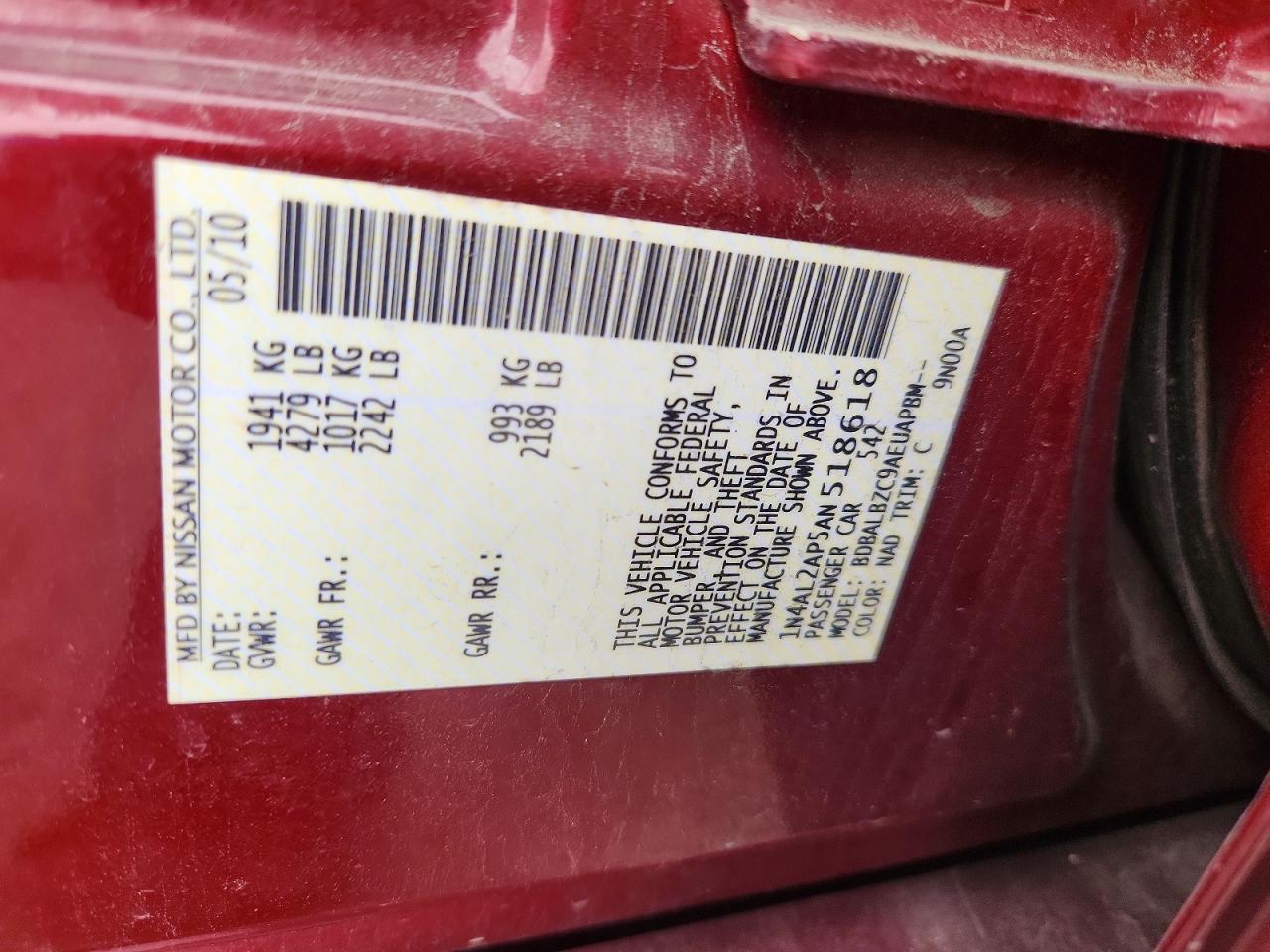 2010 Nissan Altima 2.5 Red vin: 1N4AL2AP5AN518618