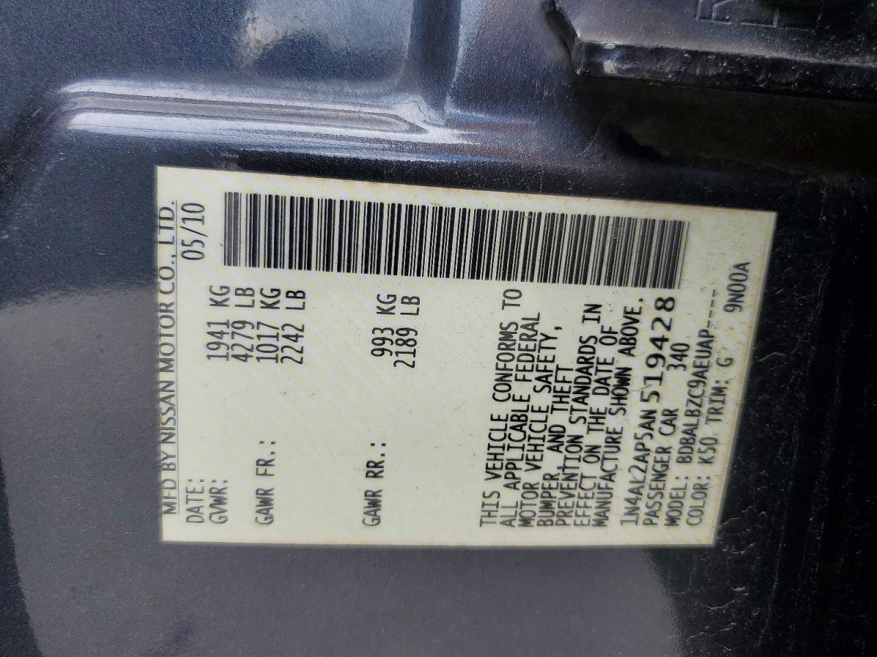 2010 Nissan Altima 2.5 Gray vin: 1N4AL2AP5AN519428