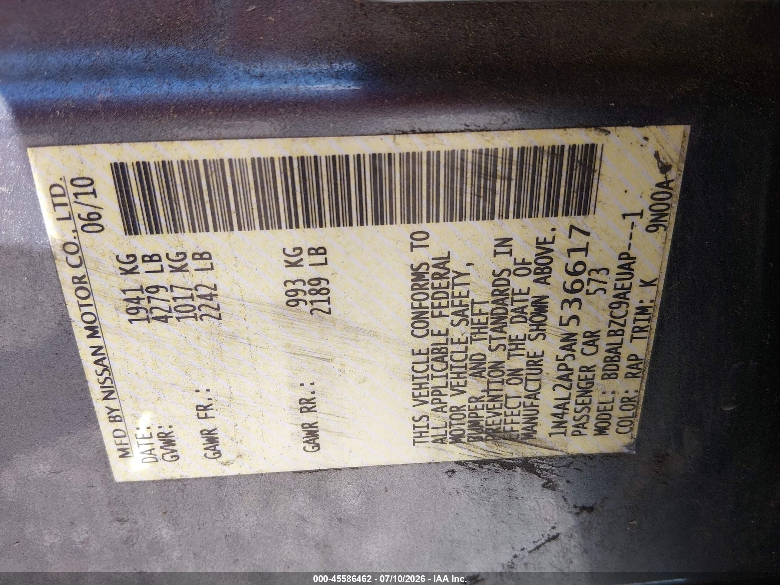 2010 Nissan Altima S Blue vin: 1N4AL2AP5AN536617
