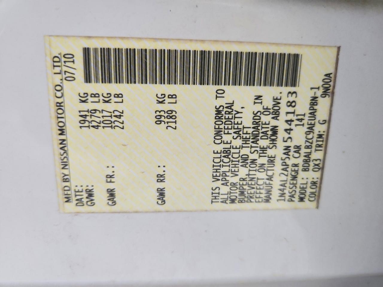 2010 Nissan Altima 2.5 White vin: 1N4AL2AP5AN544183