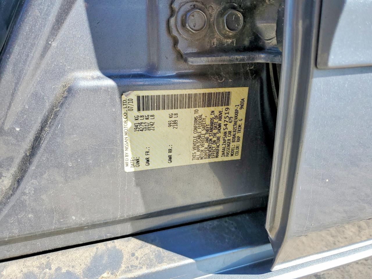2010 Nissan Altima 2.5 Blue vin: 1N4AL2AP5AN547519