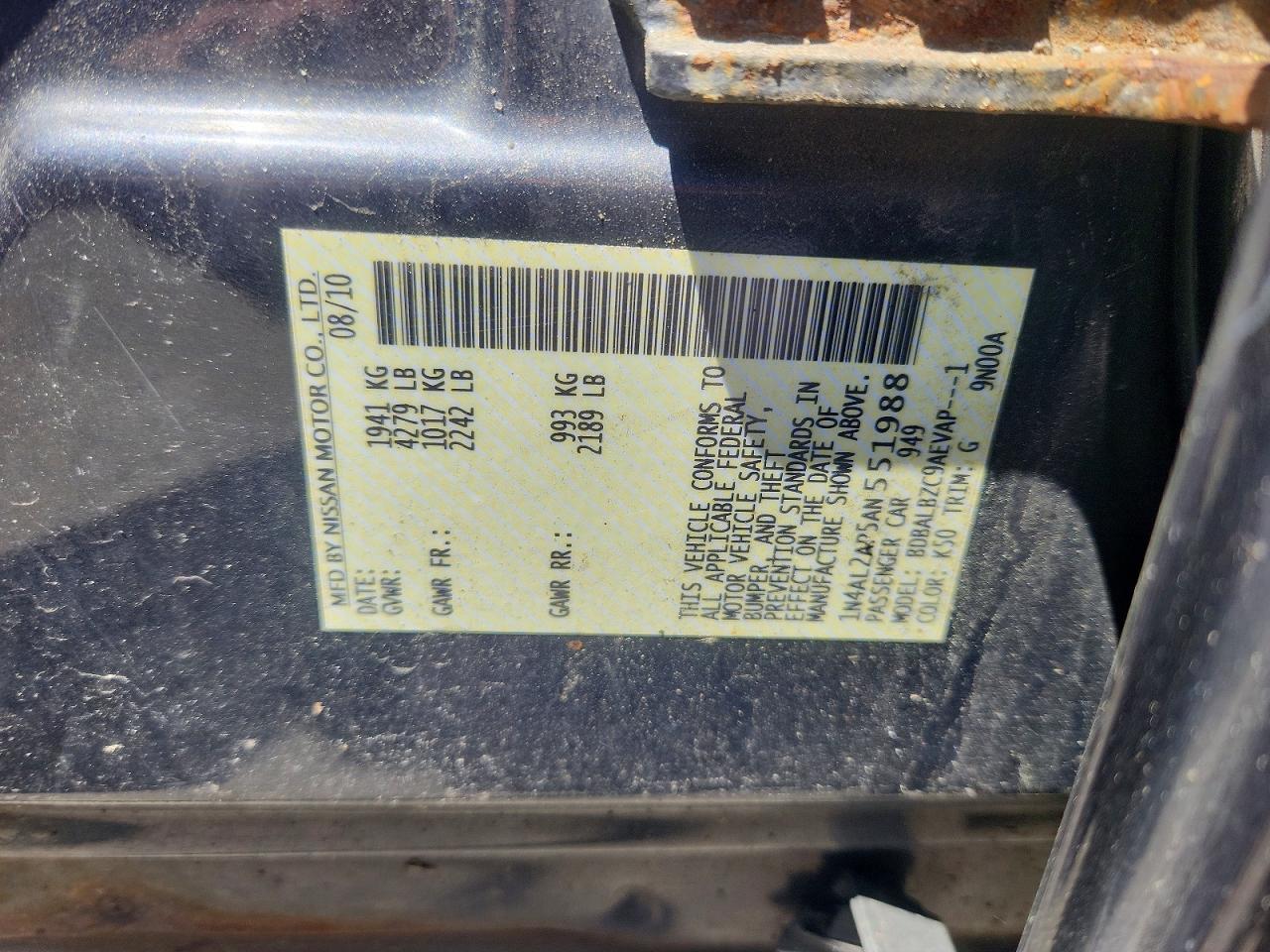 2010 Nissan Altima 2.5 Gray vin: 1N4AL2AP5AN551988
