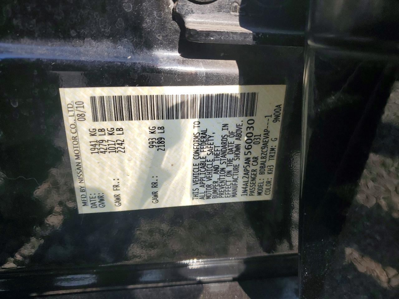 2010 Nissan Altima 2.5 Black vin: 1N4AL2AP5AN560030
