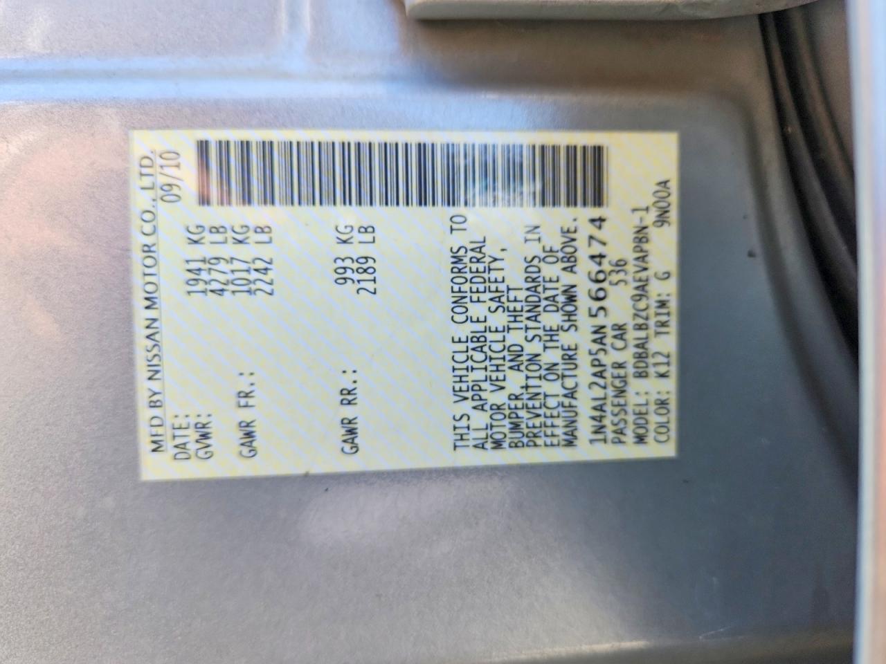 2010 Nissan Altima 2.5 Silver vin: 1N4AL2AP5AN566474