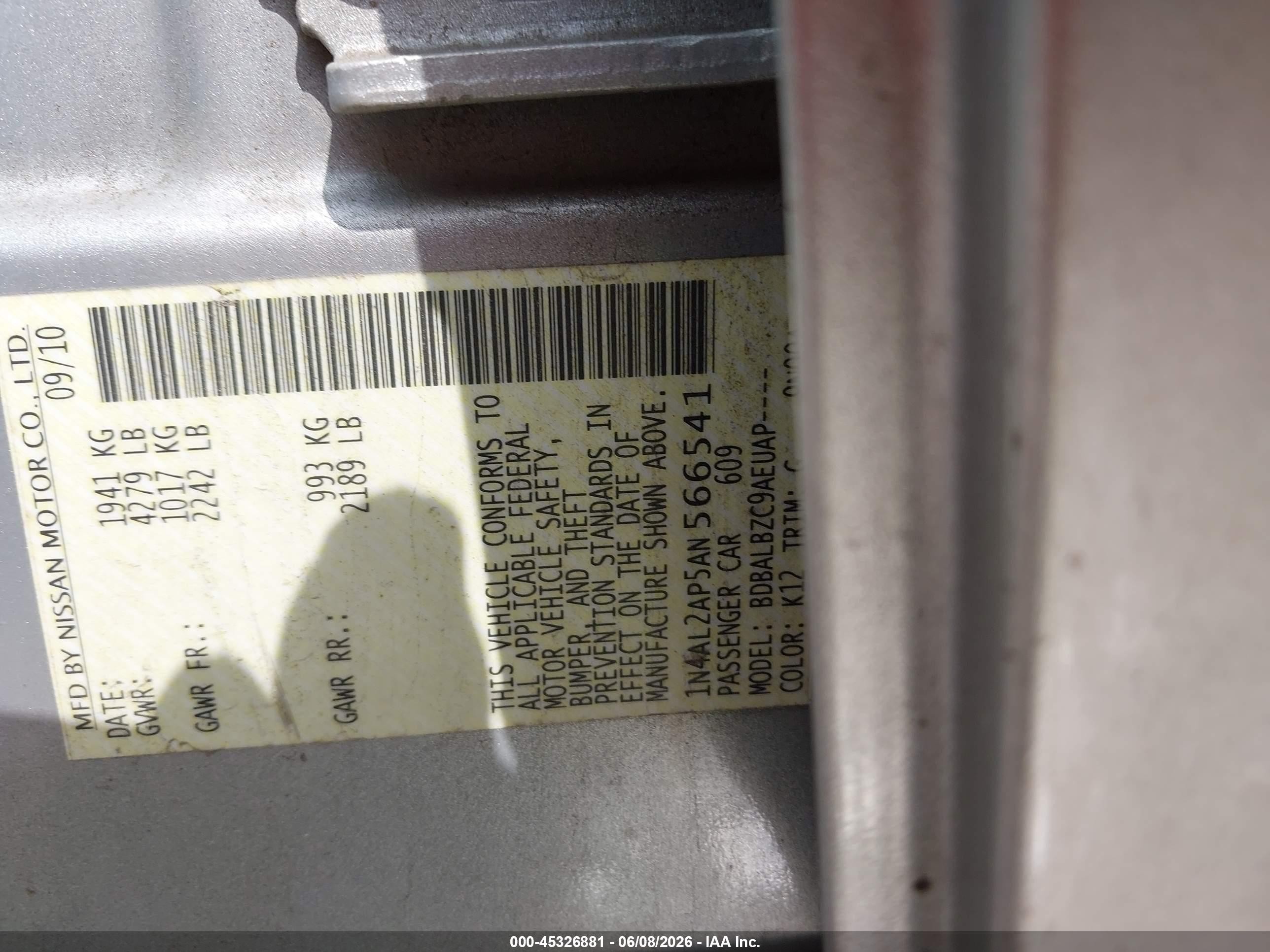 2010 Nissan Altima 2.5 S Silver vin: 1N4AL2AP5AN566541
