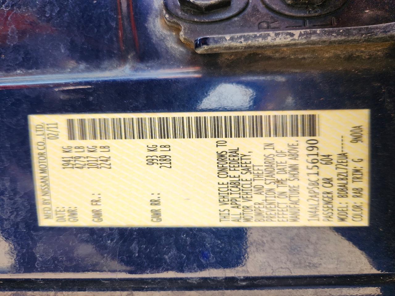 2011 Nissan Altima 2.5 Blue vin: 1N4AL2AP5BC156190