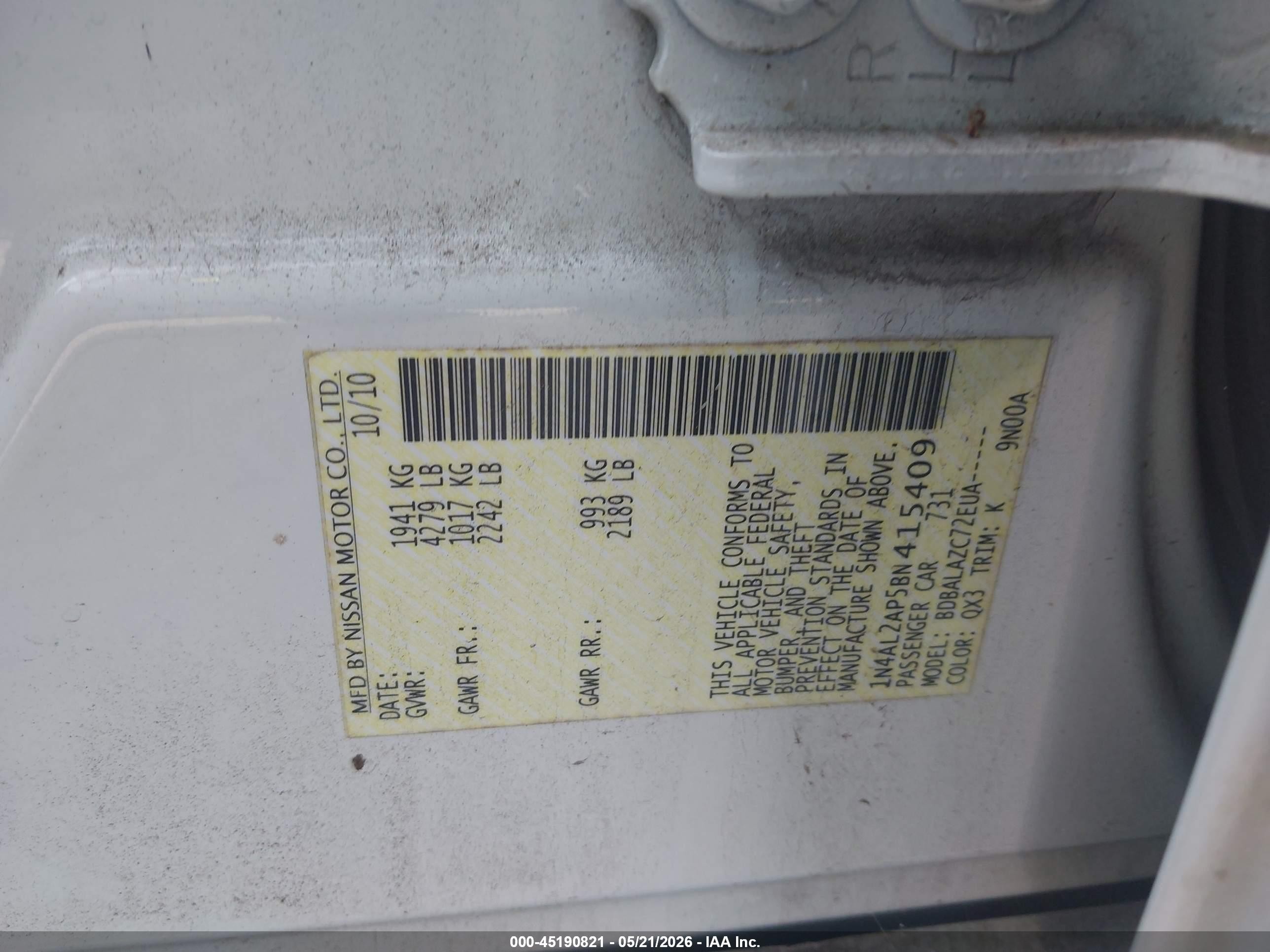 2011 Nissan Altima 2.5 White vin: 1N4AL2AP5BN415409
