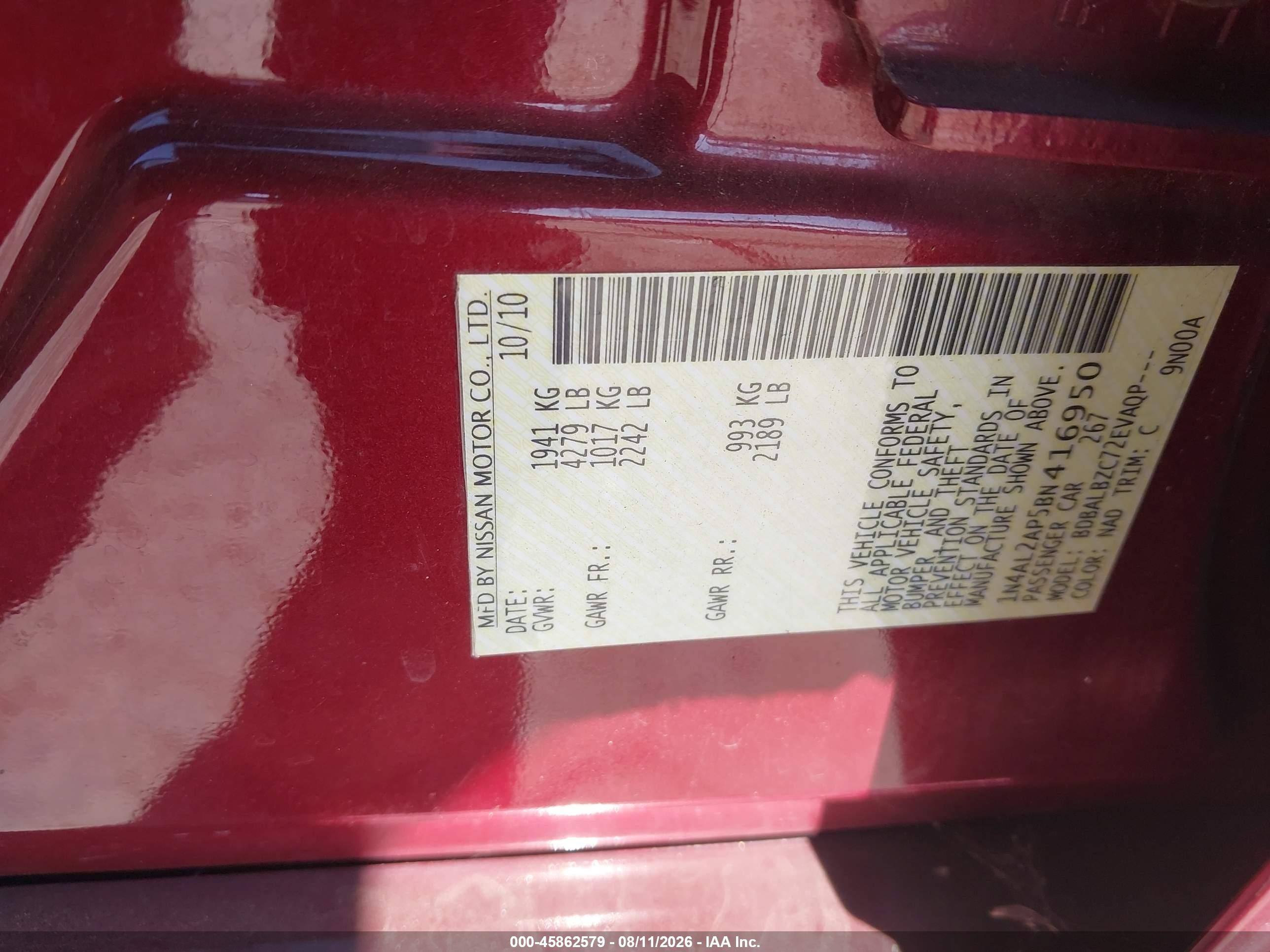 2011 Nissan Altima 2.5 S Burgundy vin: 1N4AL2AP5BN416950