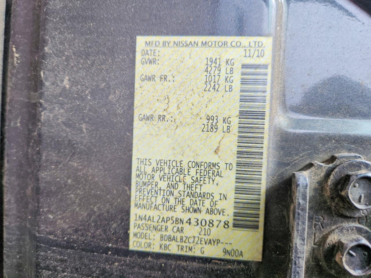 2011 Nissan Altima Charcoal vin: 1N4AL2AP5BN430878
