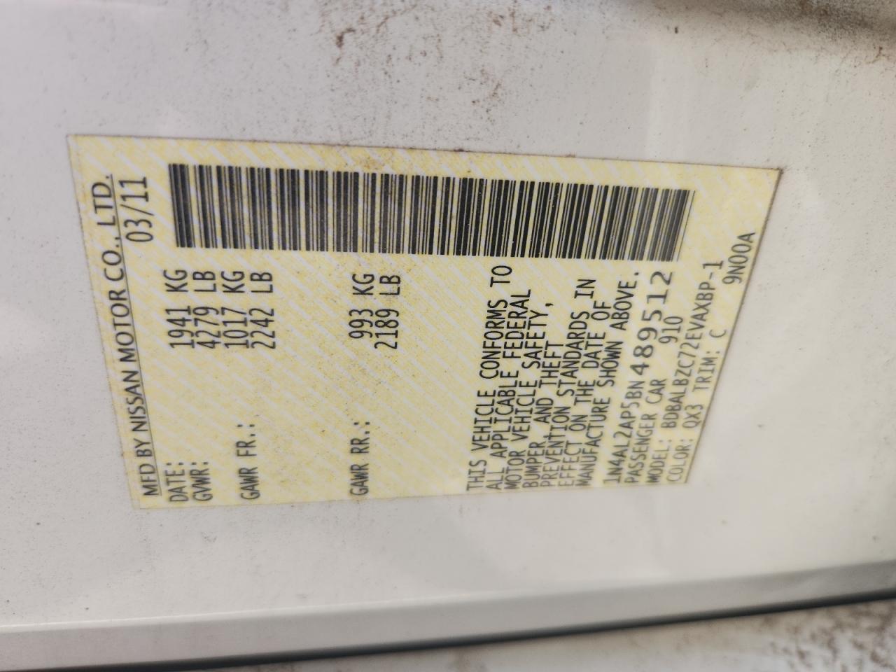 2011 Nissan Altima Base Белый vin: 1N4AL2AP5BN489512