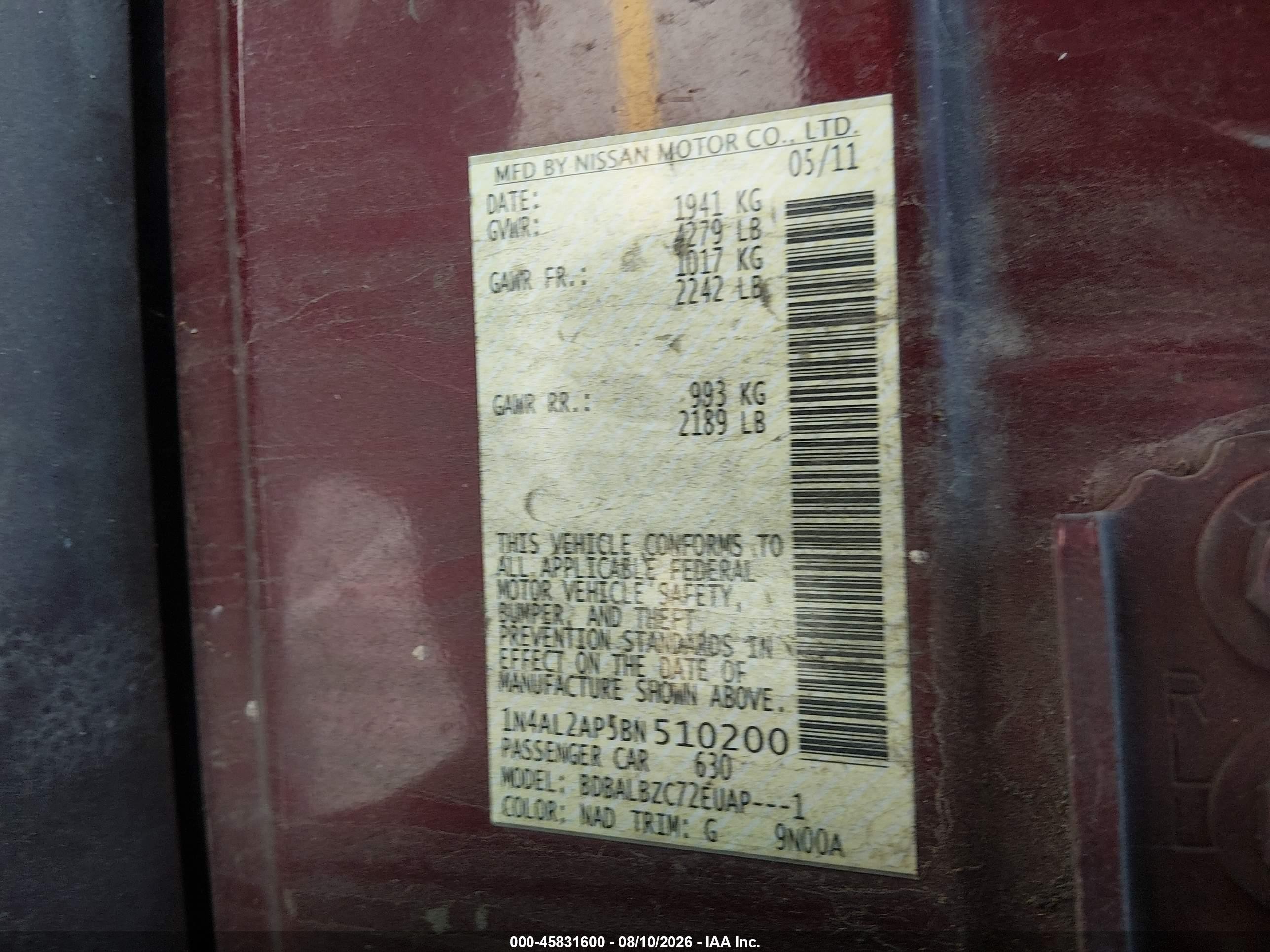 2011 Nissan Altima 2.5 S Burgundy vin: 1N4AL2AP5BN510200